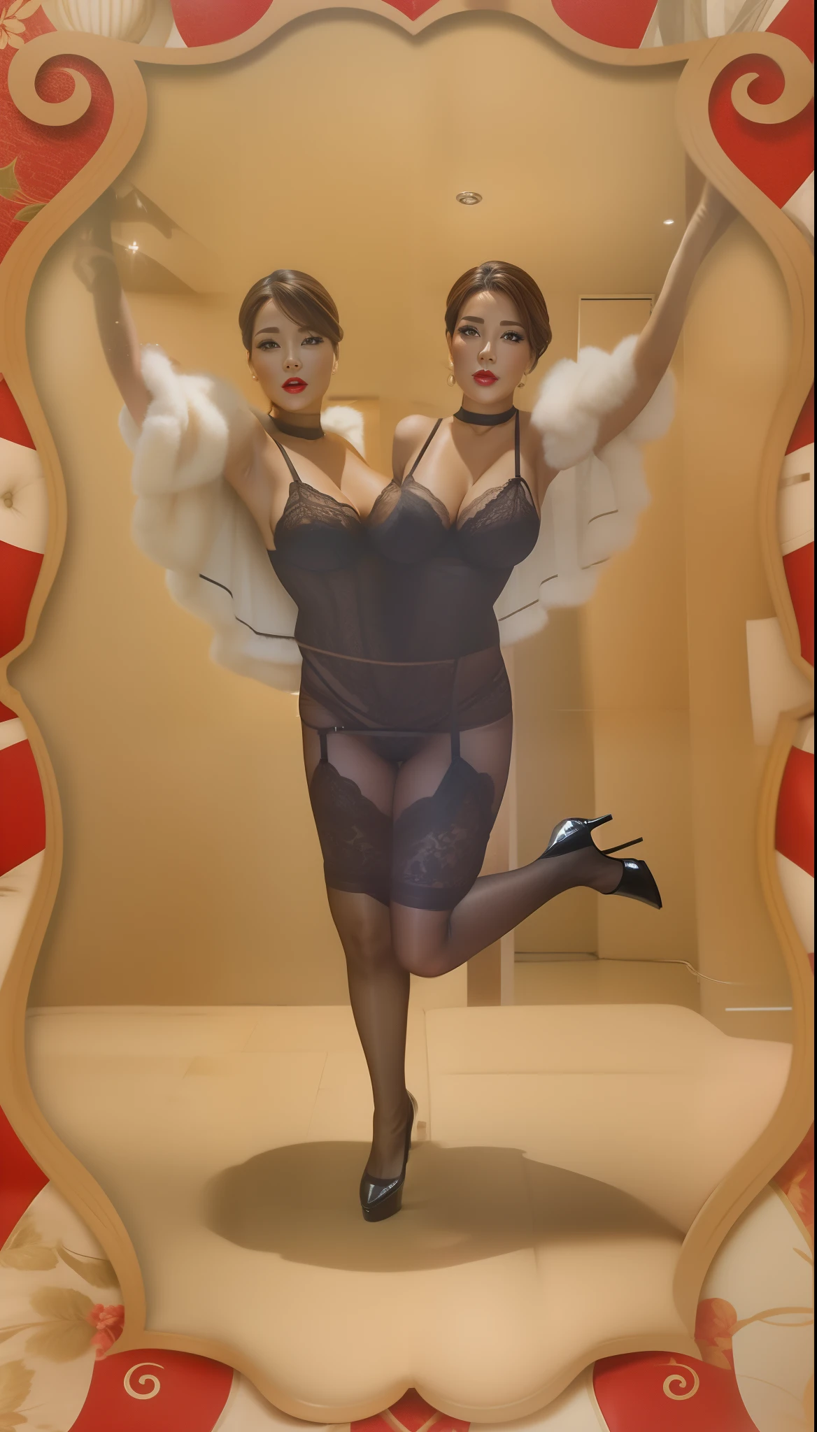 2 heads,Photo of a 50-year-old woman with brown hair, a captivating gaze, Brown eyes, Wrinkles on her face, Black pantyhose,Black High Heel Boots,She wears very sexy lingerie underwear、、Revealing her large sagging breasts, Light makeup and red lips. 32K