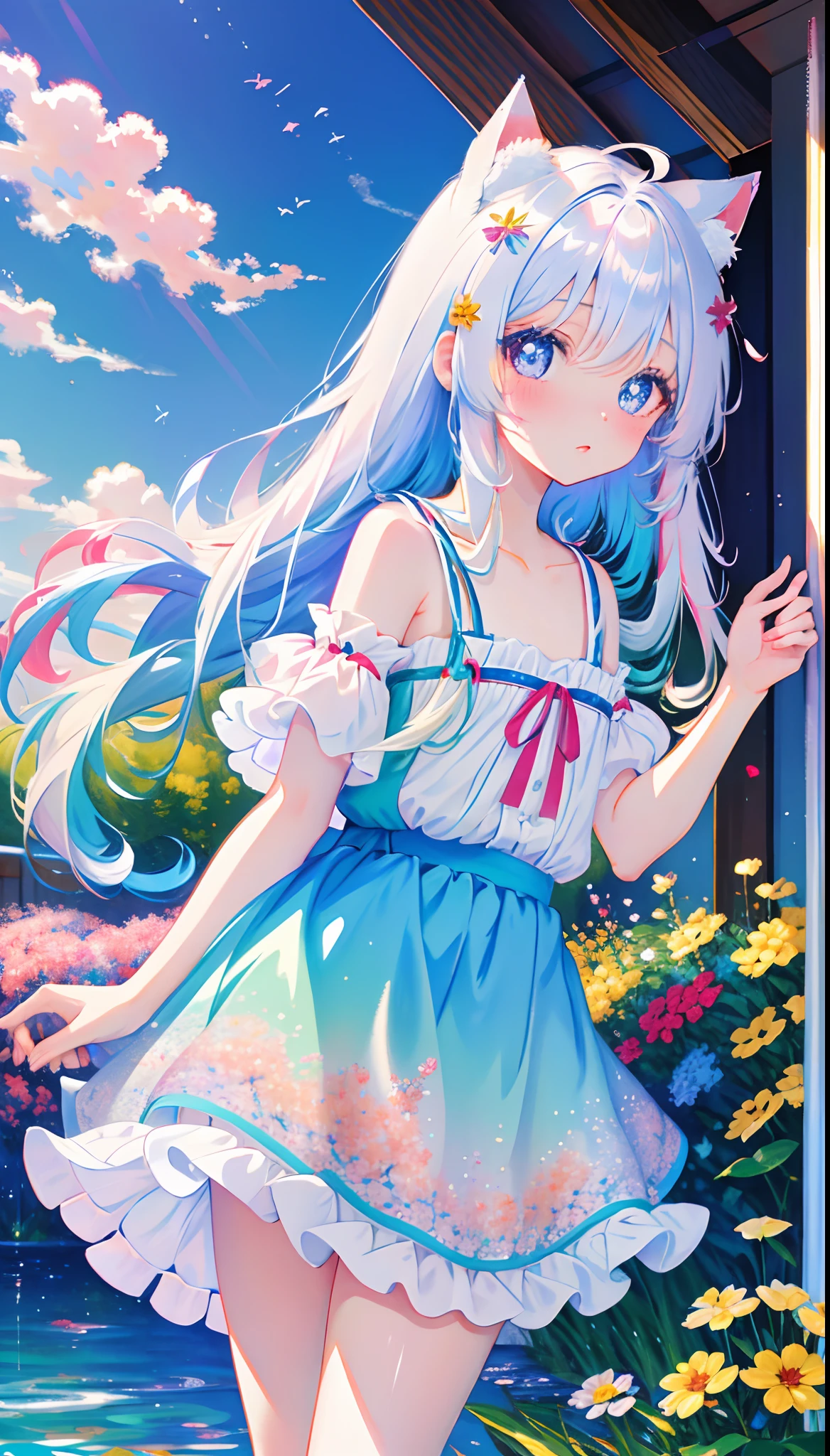 (masterpiece, high quality, highres,Highest picture quality),
BREAK
blurry background, (colorful:0.7), (eyes focus:1.2), looking at viewer, upper_body, fisheye, (indoors:1.1), cuteg, warm light, cute cat ears,
BREAK
1loli, standing, solo, ^ ^, (leaning_forward:1.1), arms_behind_back, (wide-eyed:1.1), head_tilt, bare shoulders, small breasts, long eyelashes, collarbone, (blush:0.95),
BREAK
shiny skin, shiny hair,(bright pupils:1.1),Curious,detailed eyes,hair ornament, long hair, two side up hair,white hair, upskirt, shiny eyes,