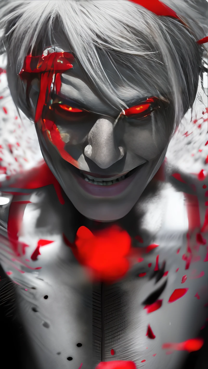 Realistic guy with gray hair and red eyes, he's very menacing and evil, (realistic eyes, has two pupils in left eyes), his eyes are bleeding intense, evil grin, realistic mouth, Highly detailed face and skin texture, real looking skin, evil smile and glowing eyes, badass guy, face portrait, facing the audience, mad grin, portrait gapmoe yandere grimdark ((Best Quality, 8K, Masterpiece: 1.3)), black jacket, red petals, black aura