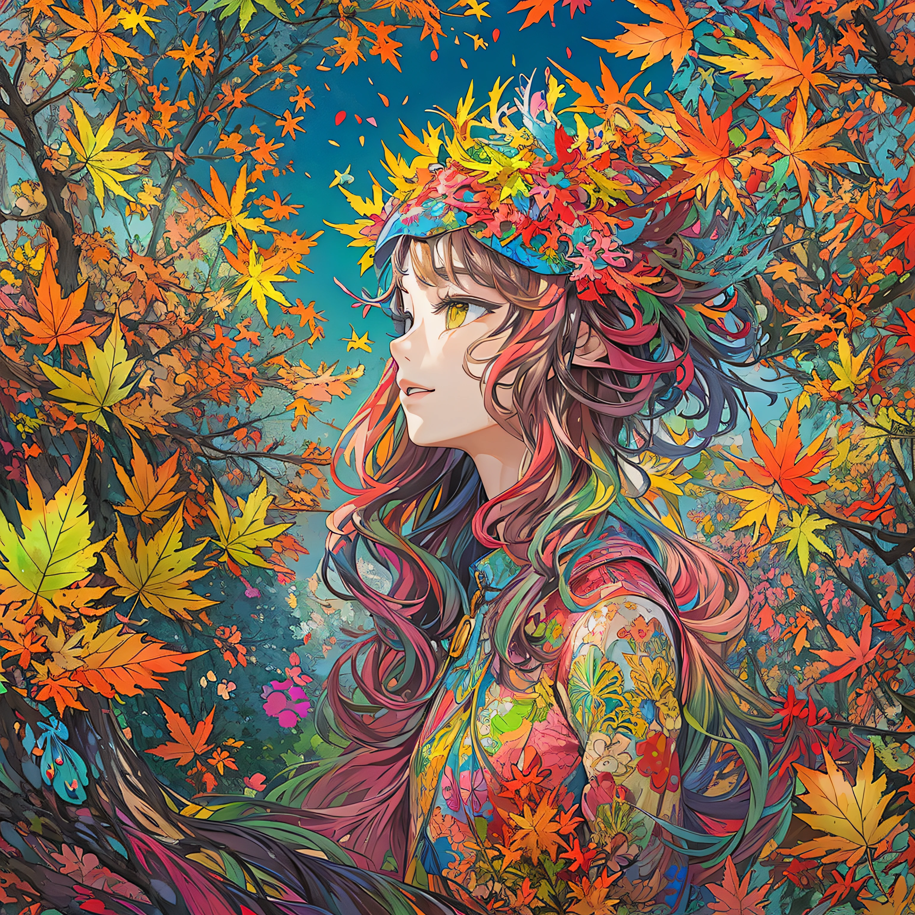 (flat-colors:1.3)、(colourfull:1.8)、(masuter piece:1.2)、top-quality、masterpiece、Original、highly detailed wallpaper、looking at viewert、1 beautiful girl with a pattern、独奏、Colorful tree leaves float、(Fractal Art:1.4 )、