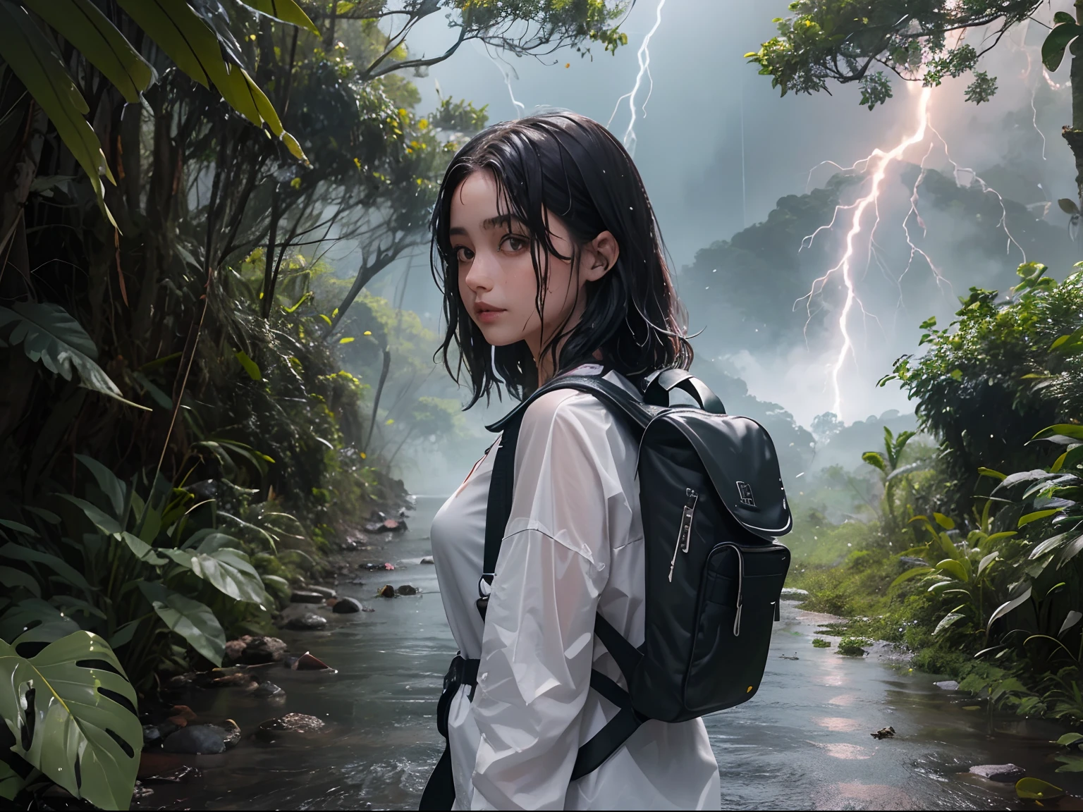 de 18 anos com cabelos ondulados bem curtos cabelo no ombro, com franjas, de costas, All wet towards a house in the middle of a lush forest, Raining hard with lightning and with a rainbow backpack, imagem em preto e branco.
