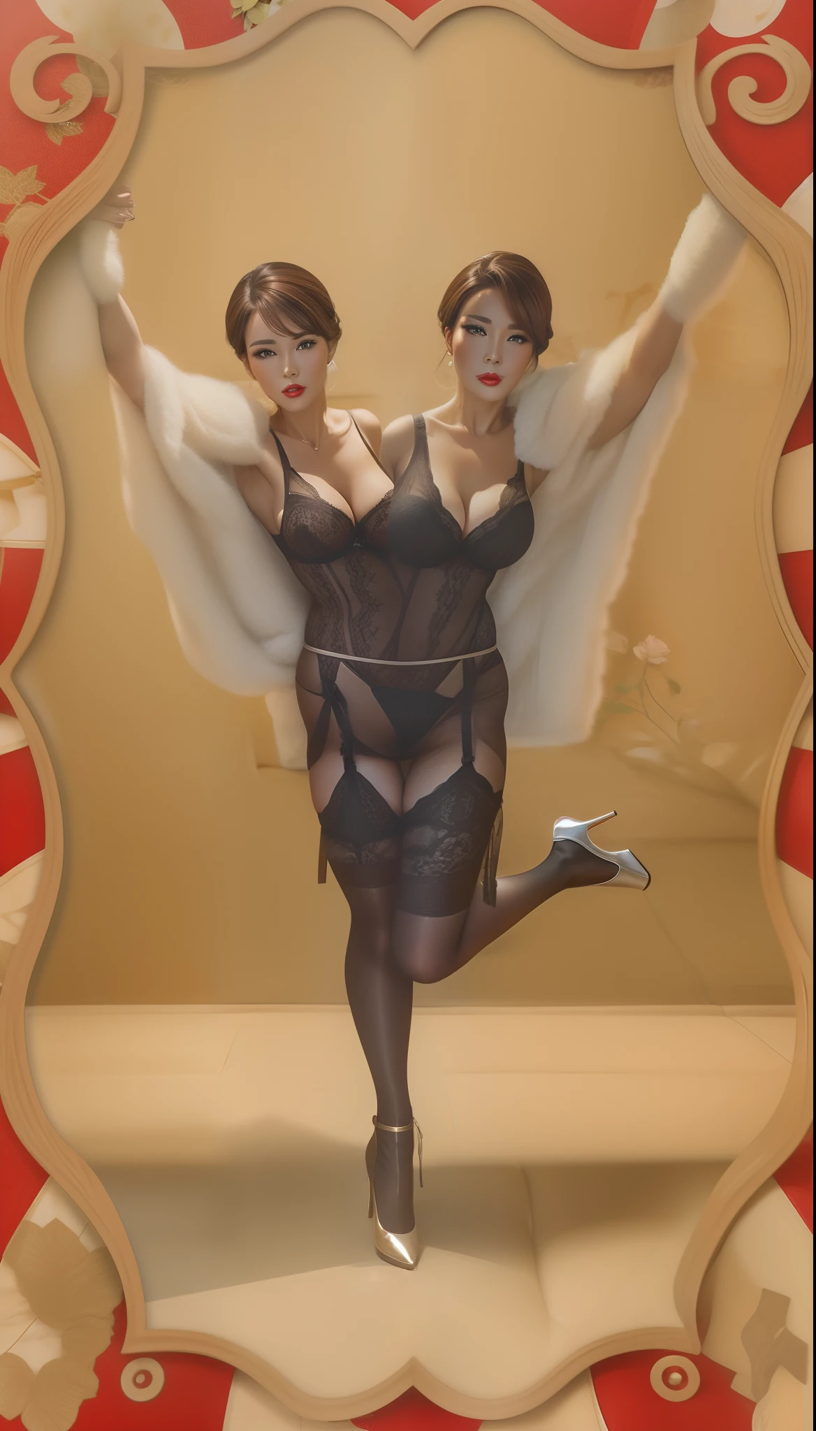 2 heads,Photo of a 50-year-old woman with brown hair, a captivating gaze, Brown eyes, Wrinkles on her face, Black pantyhose,Black High Heel Boots,She wears very lingerie underwear、、Revealing her large sagging breasts, Light makeup and red lips. 32K