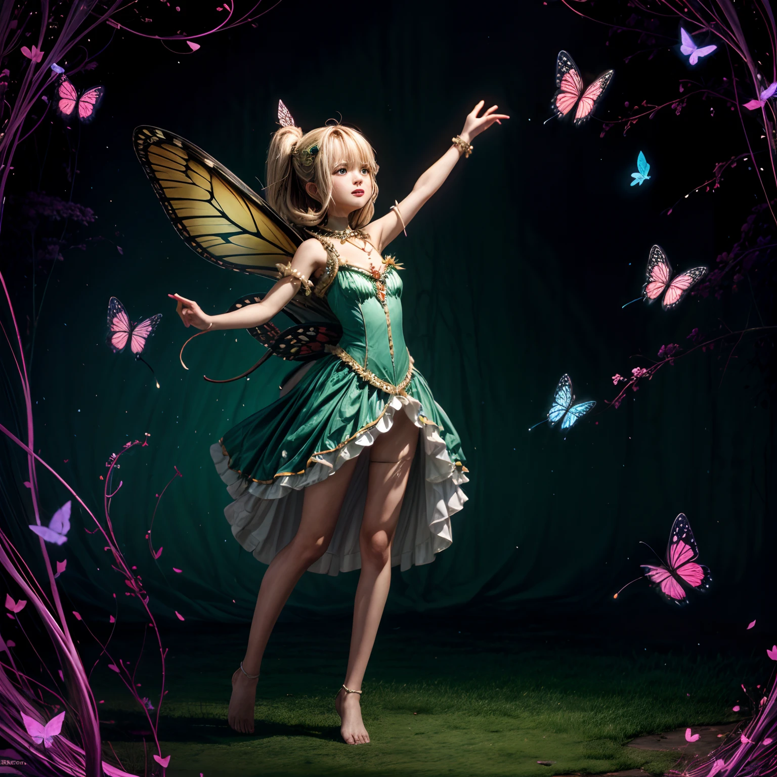 flying butterflies and female fairies, full body shot