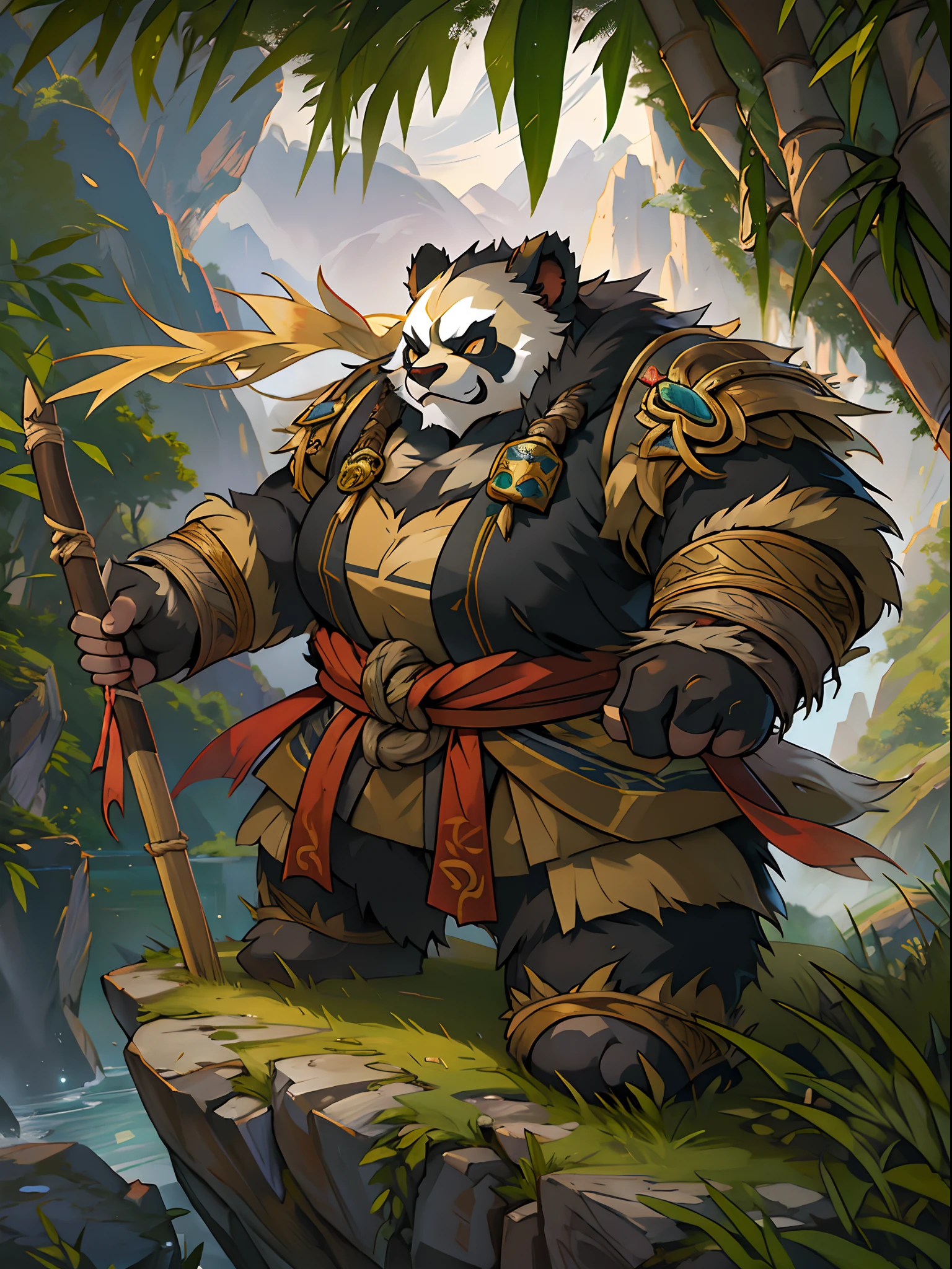 Pandaren martial artist，Holding a bamboo stick，Heavy fur，world of warcraft，gaming character，The background is the scenery of Guilin, China