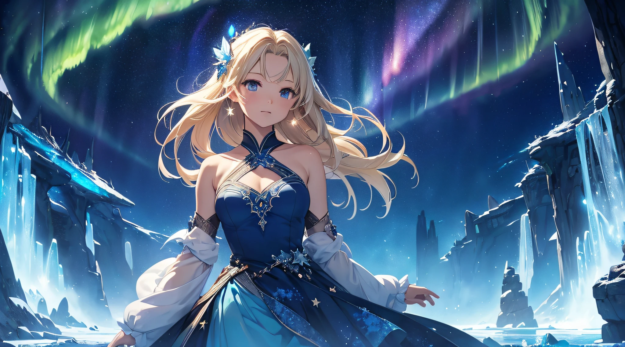 masterpiece、Background with((Fantastic starry sky、meteors、Aurora、Ice World))、Depth((Planets that glow blue))、a beauty girl、One-piece high-detail embroidery、a blond、heavy wind、