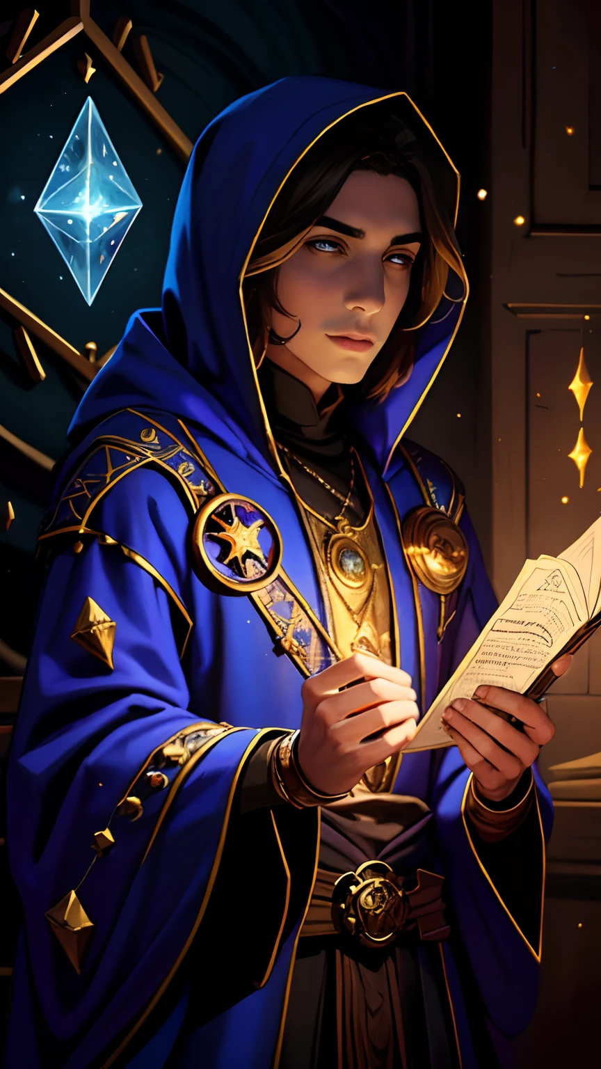 Painting of a man wearing a hooded sweatshirt and many dice, The Mysterious Wizard, Casting a spell, fantasy mage, Maya Ali as D&d Sorcerer, mage, spell casting wizard, DND Card Cover, Ascension Mage, Cosmic Tiefling D&D, beautiful celestial mage, painted in the style arcane, The Magician Woman, Conjuring spell