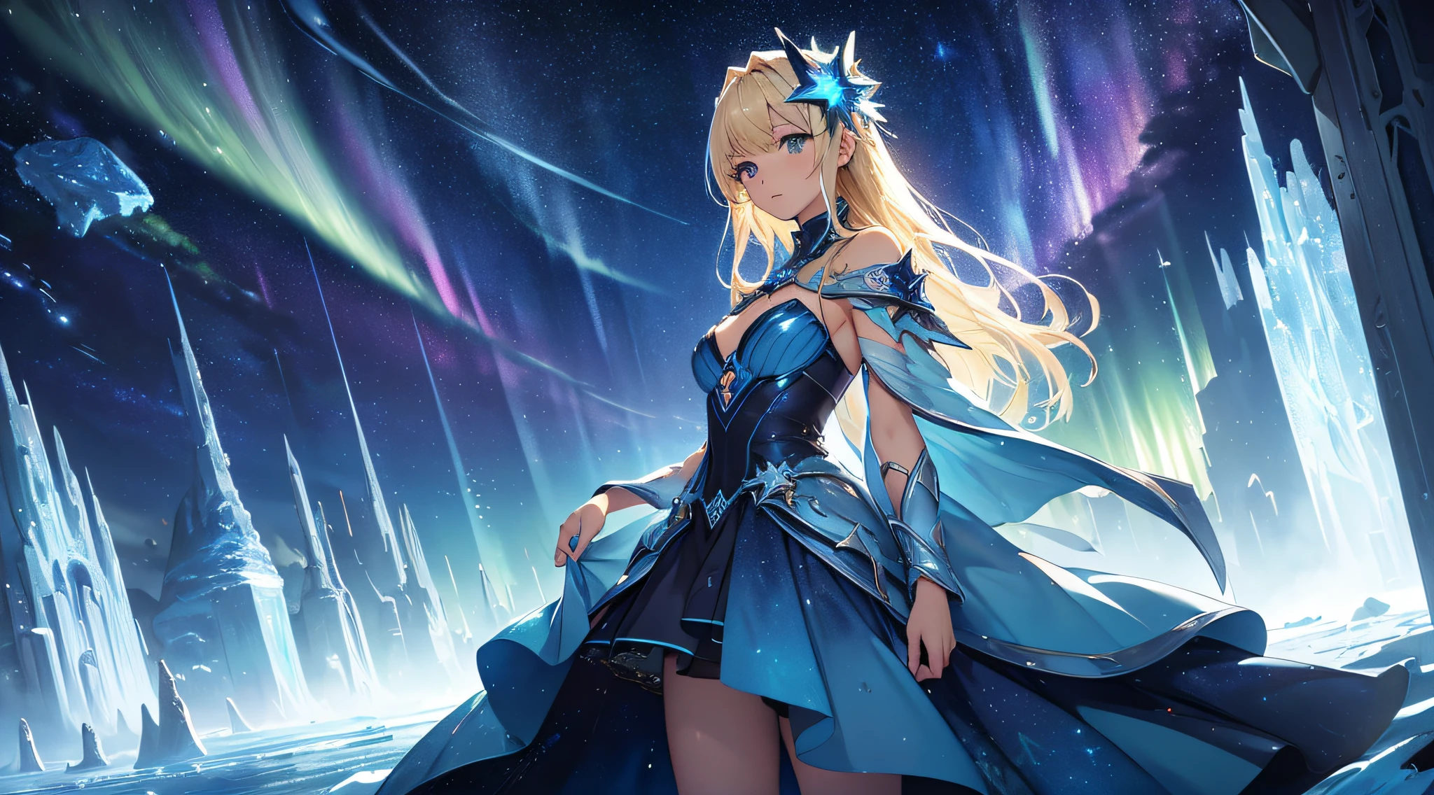 masterpiece、Background with((Fantastic starry sky、meteors、Aurora、Ice World))、Depth((Planets that glow blue))、a beauty girl、One-piece high-detail embroidery、a blond、heavy wind、