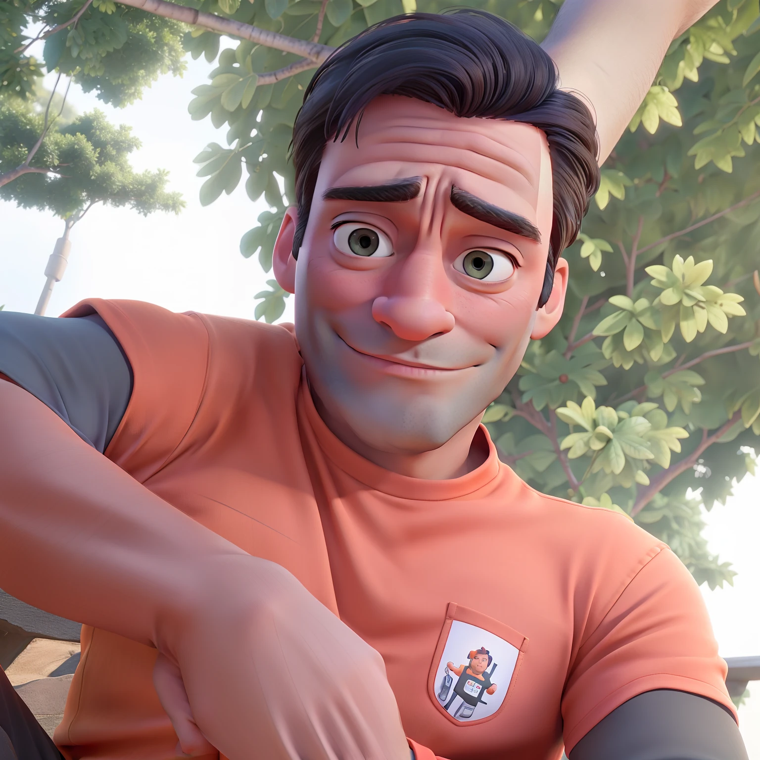 Jon Hamm, Cartoons in orange shirt and black pants, arms crossed, olhando para frente
