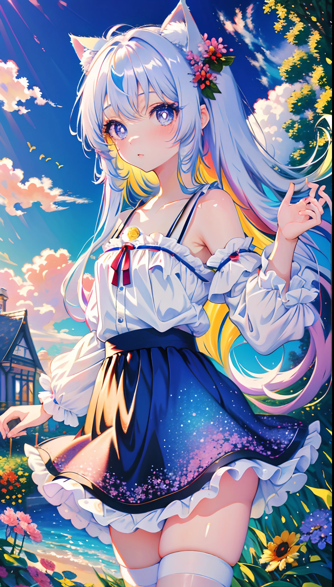 (masterpiece, high quality, highres,Highest picture quality),
BREAK
blurry background, (colorful:0.7), (eyes focus:1.2), looking at viewer, upper_body, fisheye, (indoors:1.1), cuteg, warm light, cute cat ears,
BREAK
1loli, standing, solo, ^ ^, (leaning_forward:1.1), arms_behind_back, (wide-eyed:1.1), head_tilt, bare shoulders, small breasts, long eyelashes, collarbone, (blush:0.95),
BREAK
shiny skin, shiny hair,(bright pupils:1.1),Curious,detailed eyes,hair ornament, long hair, two side up hair,white hair, upskirt, shiny eyes,