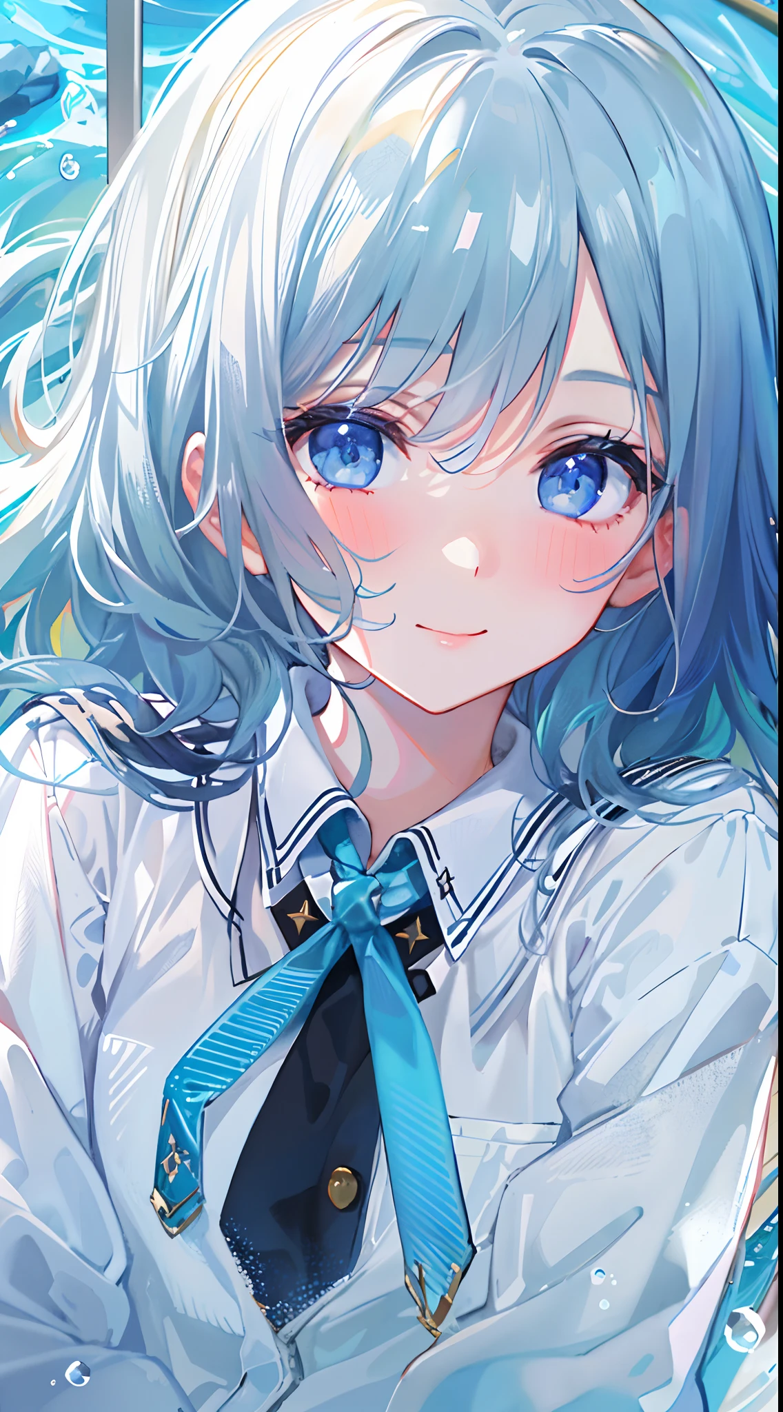 ((top-quality)), ((masterpiece)), ((ultra-detailliert)), (extremely delicate and beautiful), girl with, 独奏, cold attitude,((Black jacket)),She is very(relax)with the(Settled down)Looks,A dark-haired, depth of fields,evil smile,Bubble, under the water, Air bubble,bright light blue eyes,Inner color with black hair and light blue tips,Cold background,Bob Hair - Linear Art, shortpants、knee high socks、White uniform like school uniform、Light blue ribbon ties、Clothes are sheer、Hands in pockets、Leaning against the wall,Bright eyes like sapphire, Fron Lesse Blue,