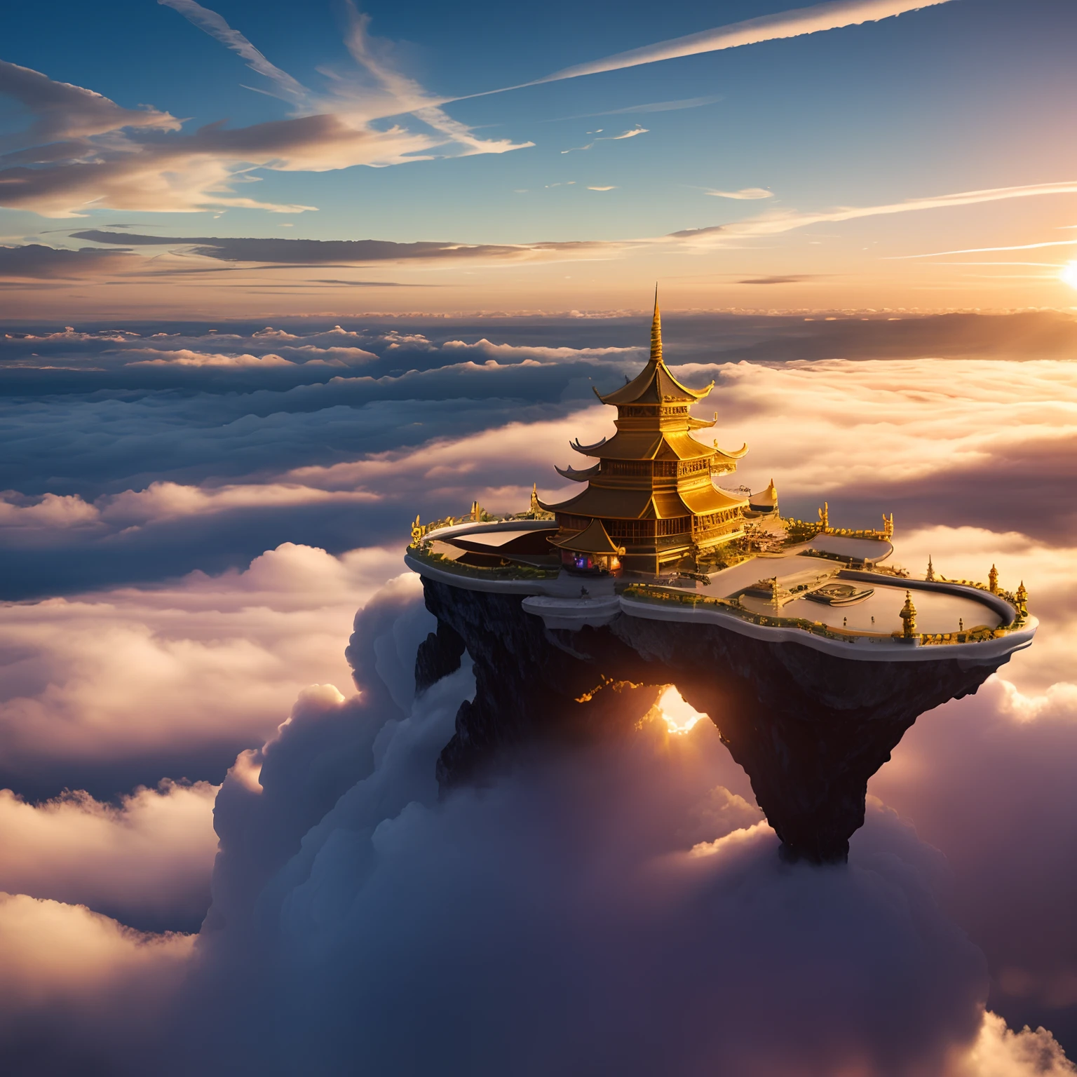 A sunset scene with the Alafide Pagoda on the cliffs above the clouds, a floating city in the sky, cloud palace, flying cloud castle, a palace floating in the sky, a floating land in the clouds, a floating island in the sky, a floating city in the air, an aerial floating island, a Chinese fantasy, a castle built of clouds, a city in the clouds, an island floating in the sky. (best quality, 4k, 8k, highres, masterpiece:1.2), ultra-detailed, (realistic, photorealistic, photo-realistic:1.37), HDR, UHD, studio lighting, ultra-fine painting, sharp focus, physically-based rendering, extreme detail description, professional, vivid colors, bokeh. Landscapes, fantasy architecture, mysterious atmosphere, vibrant colors, warm tones, soft light, ethereal beauty.