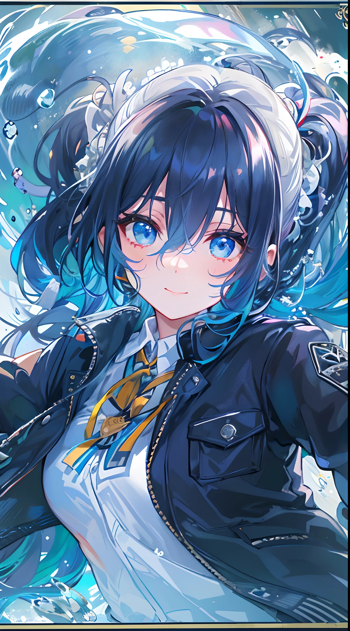 ((top-quality)), ((masterpiece)), ((ultra-detailliert)), (extremely delicate and beautiful), girl with, 独奏, cold attitude,((Black jacket)),She is very(relax)with the(Settled down)Looks,A dark-haired, depth of fields,evil smile,Bubble, under the water, Air bubble,bright light blue eyes,Inner color with black hair and light blue tips,Cold background,Bob Hair - Linear Art, a miniskirt、knee high socks、White uniform like school uniform、Light blue ribbon ties、Clothes are sheer、Hands in pockets、Ponytail hair, Bright eyes like sapphire, Fron Lesse Blue,