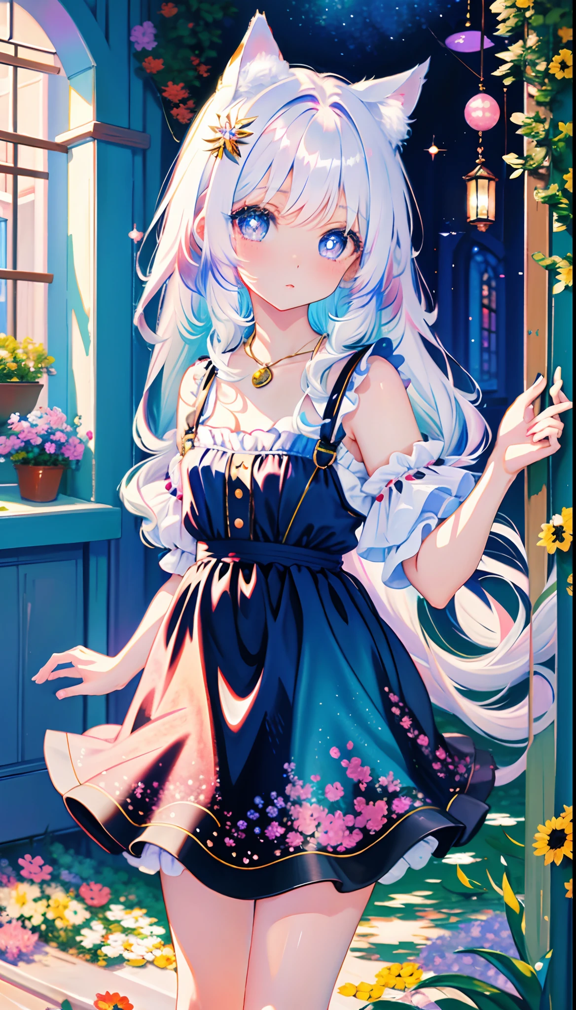 (masterpiece, high quality, highres,Highest picture quality),
BREAK
blurry background, (colorful:0.7), (eyes focus:1.2), looking at viewer, upper_body, fisheye, (indoors:1.1), cuteg, warm light, cute cat ears,
BREAK
1loli, standing, solo, ^ ^, (leaning_forward:1.1), arms_behind_back, (wide-eyed:1.1), head_tilt, bare shoulders, small breasts, long eyelashes, collarbone, (blush:0.95),
BREAK
shiny skin, shiny hair,(bright pupils:1.1),Curious,detailed eyes,hair ornament, long hair, two side up hair,white hair, upskirt, shiny eyes,