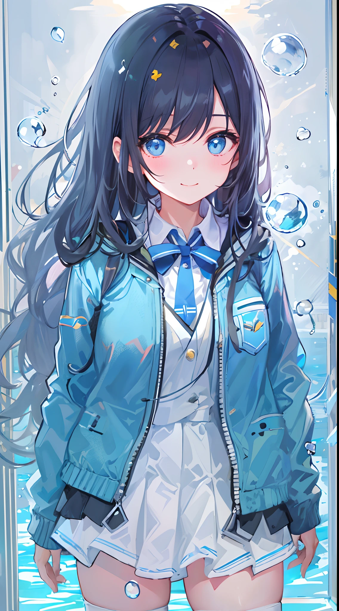 ((top-quality)), ((​masterpiece)), ((ultra-detailliert)), (extremely delicate and beautiful), girl with, 独奏, cold attitude,((Black jacket)),She is very(relax)with  the(Settled down)Looks,A dark-haired, depth of fields,evil smile,Bubble, under the water, Air bubble,bright light blue eyes,Inner color with black hair and light blue tips,Cold background,Bob Hair - Linear Art, a miniskirt、knee high socks、White uniform like school uniform、Light blue ribbon ties、Clothes are sheer、Hands in pockets、Ponytail hair, Bright eyes like sapphire, Fron Lesse Blue,