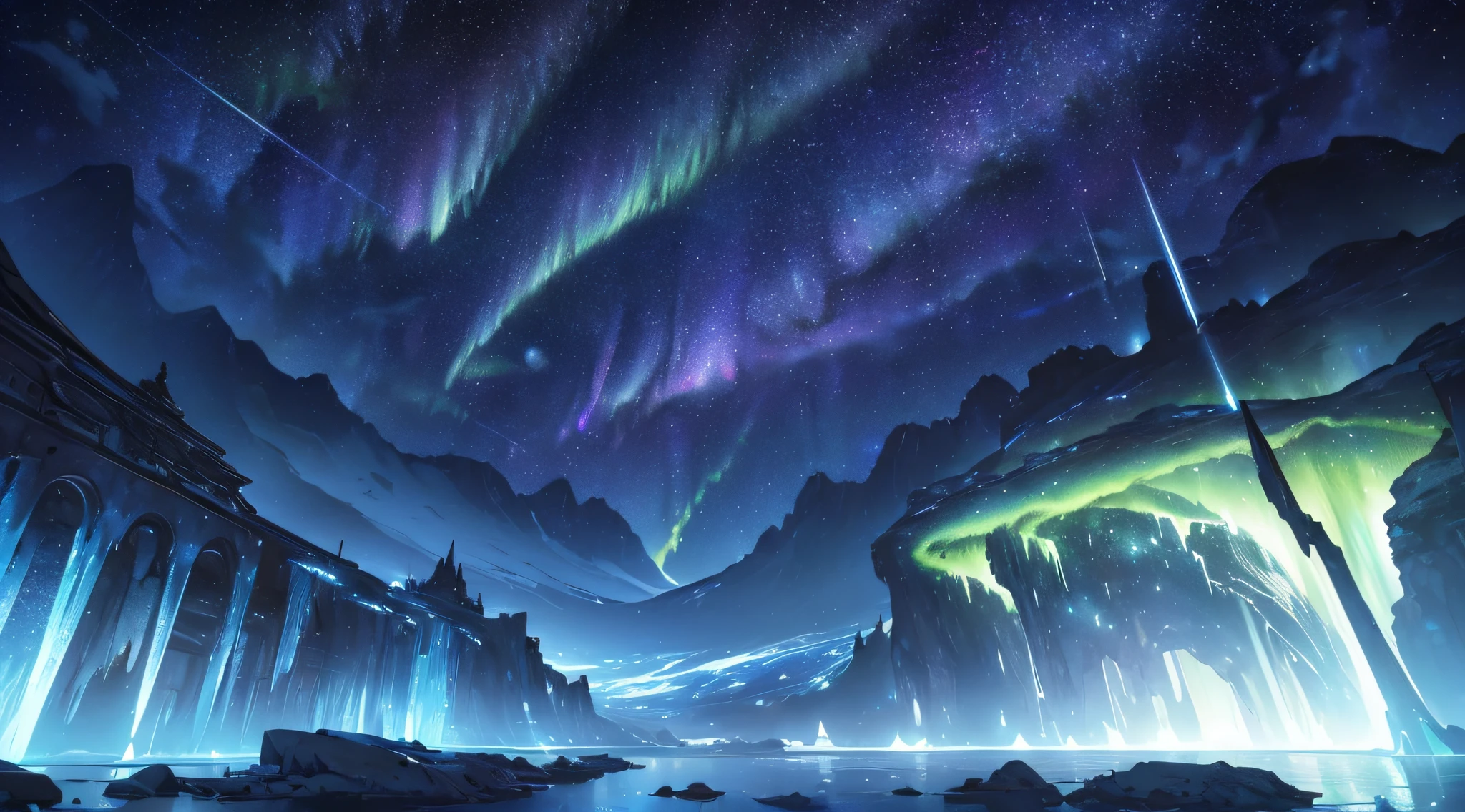 masterpiece、Background with((Fantastic starry sky、meteors、Aurora、Ice World))、Depth((Planets that glow blue))、Looking up