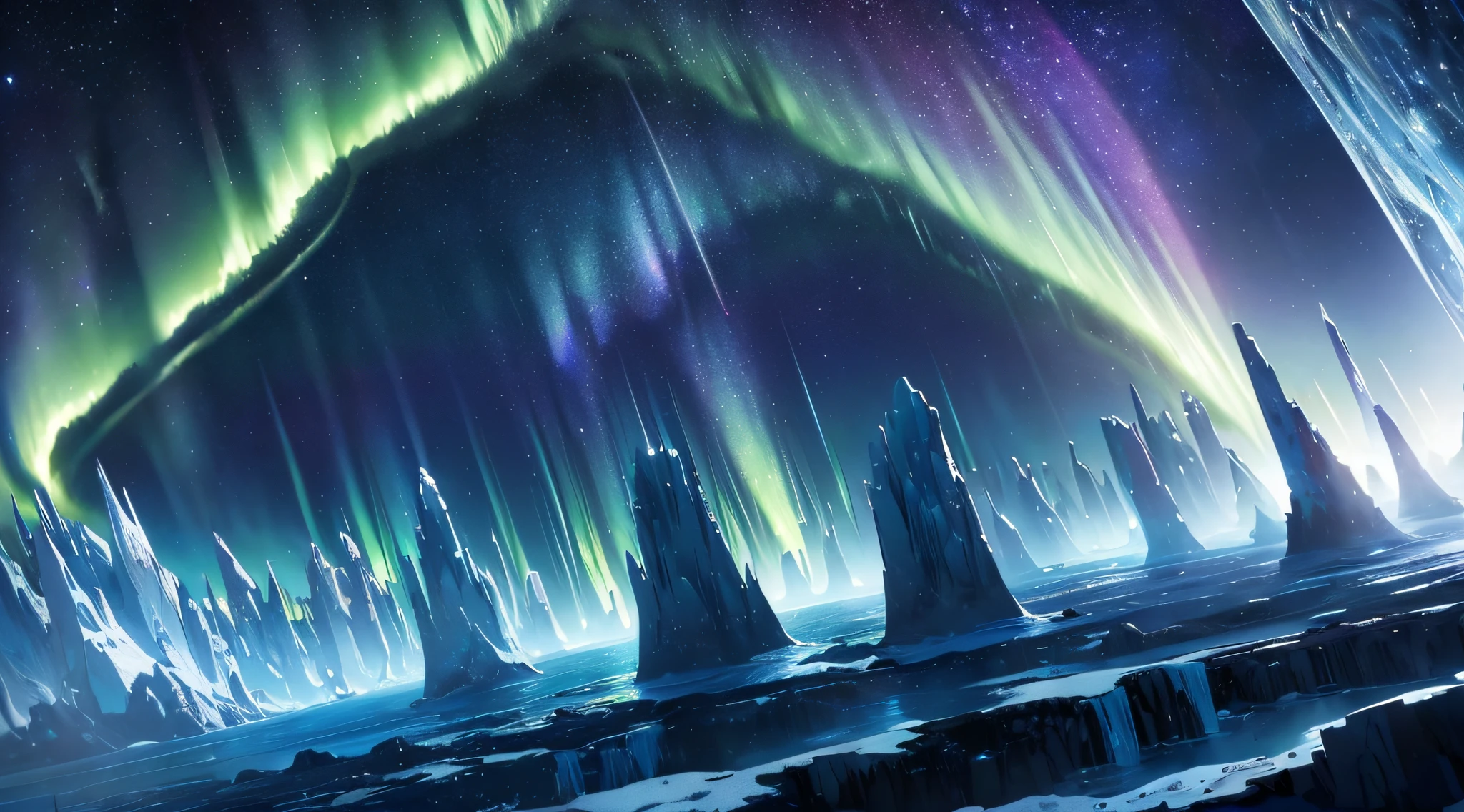 ​masterpiece、Background with((Fantastic starry sky、meteors、Aurora、Ice World))、Depth((Planets that glow blue))、Looking up