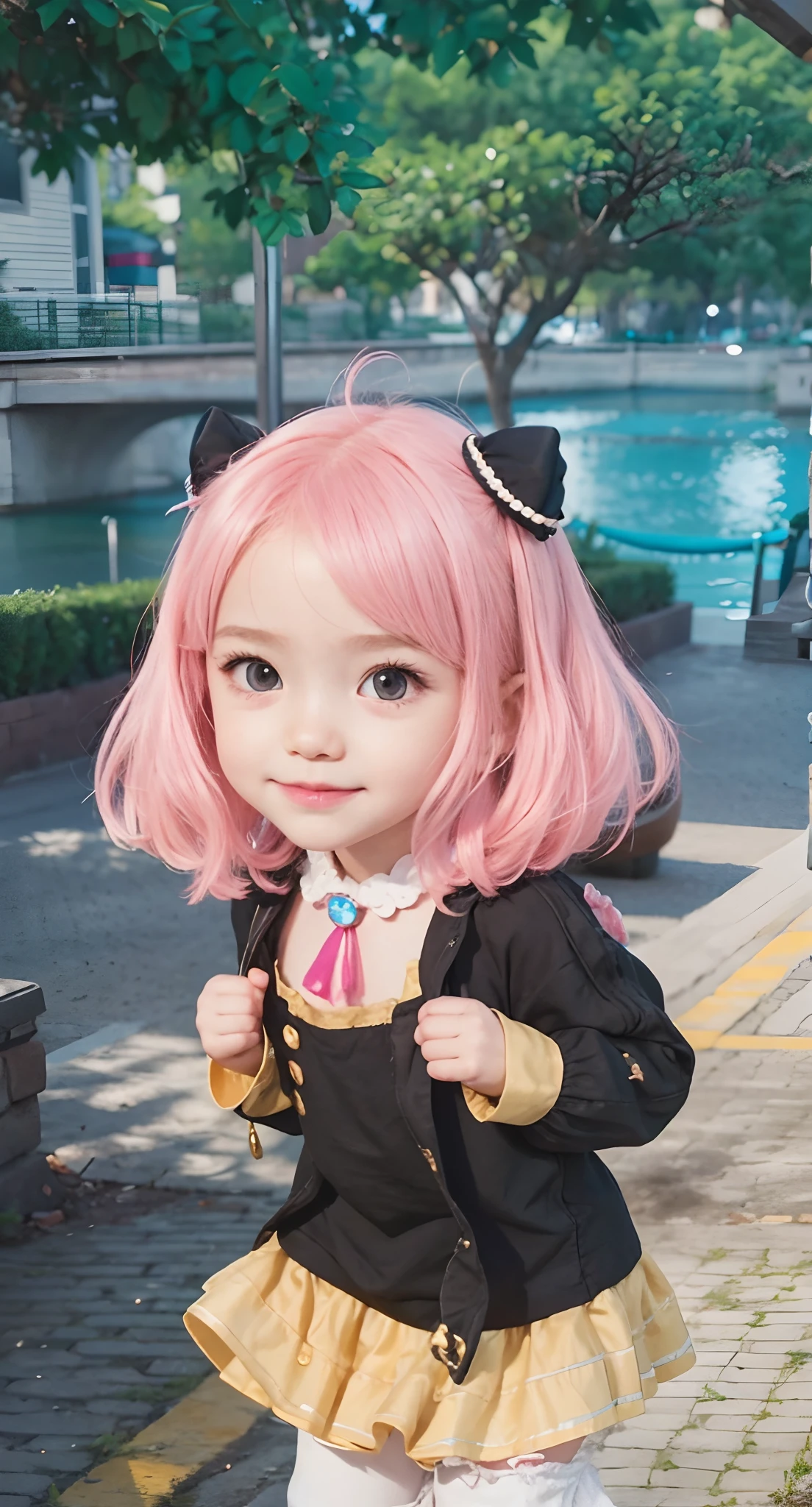 Real life adaption of this character, beautiful 's face ,realistic same pink hair with same accecories, (realistic same outfit,), realistic same background , realistic light, realistic shadow, realism, hyper realistic,(photorealistic:1.2),