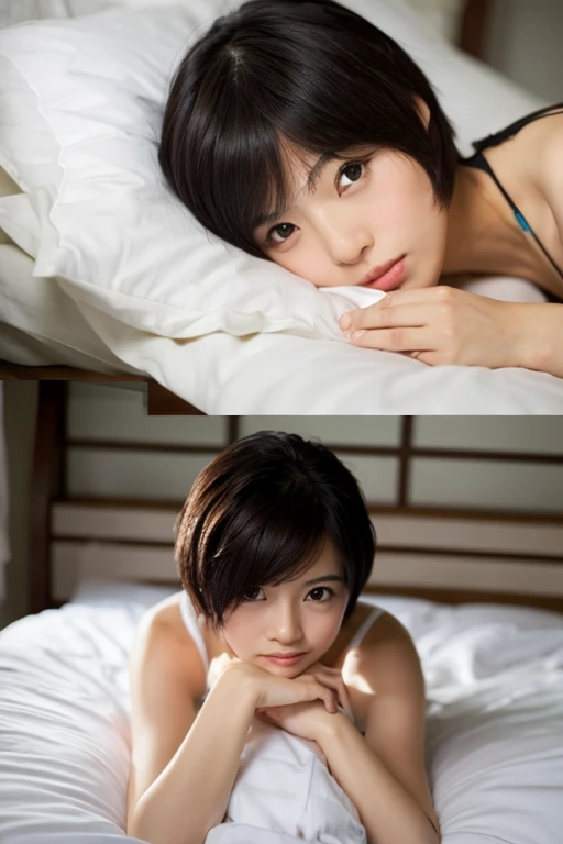 barechested,femele,a bed,japanes,Shorthair