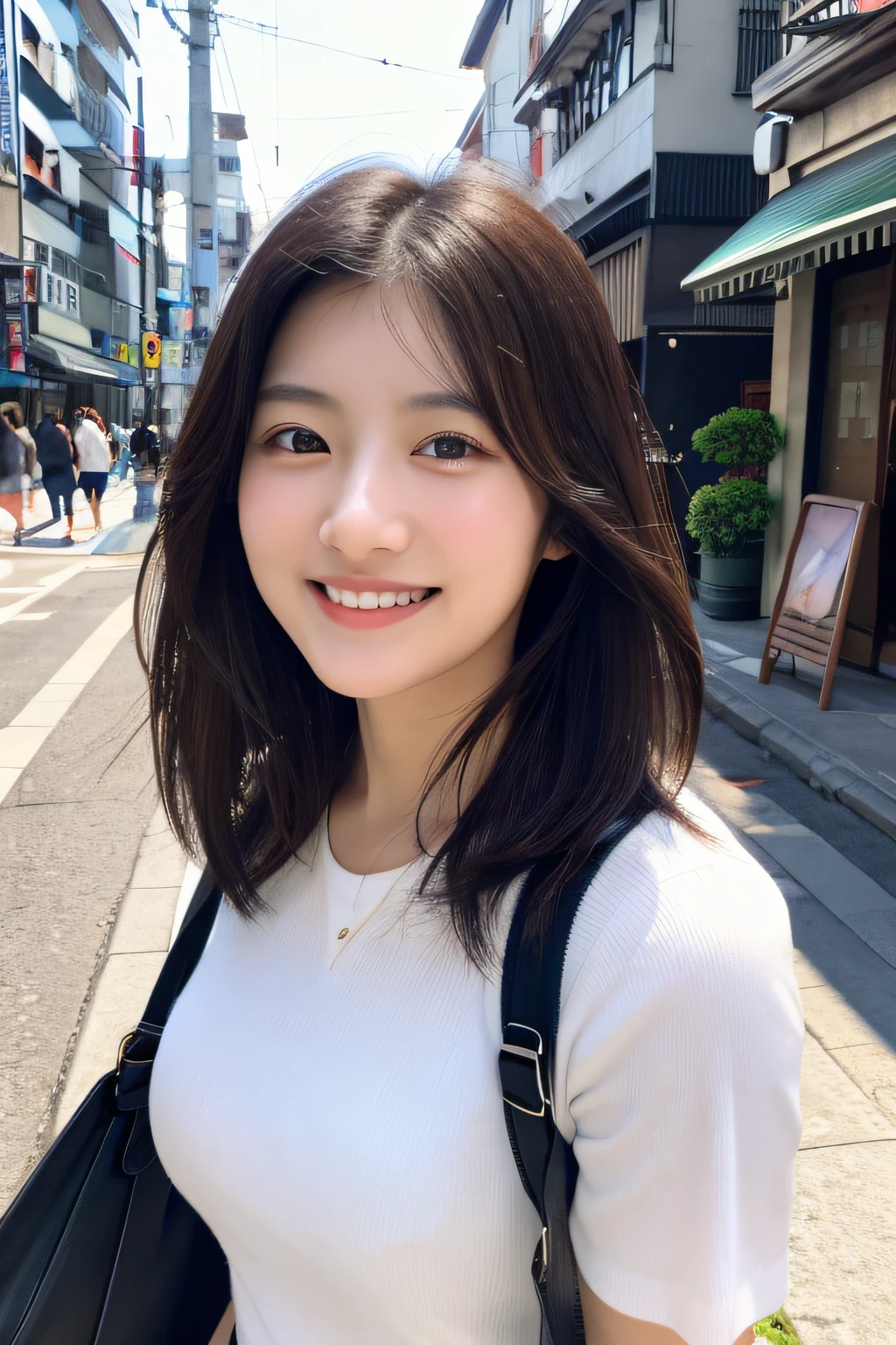 （​masterpiece、high-level image quality、top-quality）、(Beautiful realistic Japan woman、25-years old),coat、White blouse、skirt by the、huge tit:1.5、Smile、dark grey HAIR、Clear black eyes、Sapporo Clock Tower、1 p.m.、Neat and Japan clean woman with superlative good looks、Young and beautiful skin、modeled、Mailbox on the street corner、cool breeze、Put a stamped envelope in the mailbox、