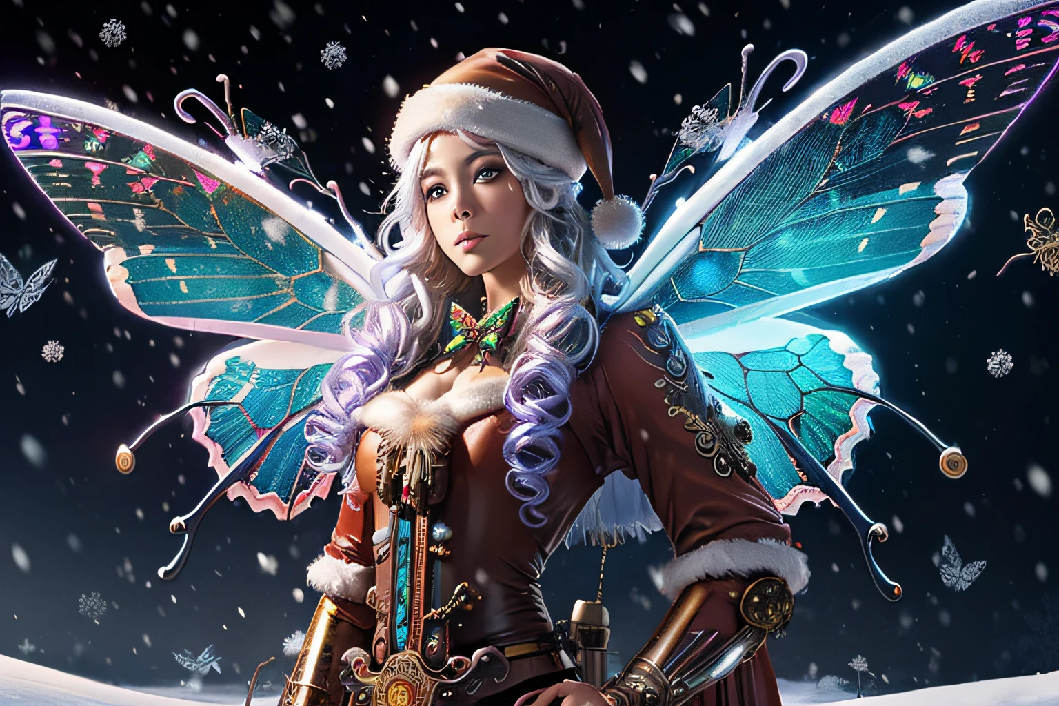 (((mesmerizing scene of psychedelic snow Butterfly behind-wings with beautiful shine glow:1.3))), (((steampunk Santa Claus costume slim girl:1.3))), stylish pose, pale light hair, beautiful wish, petals swirling in a mirage-like path, surrounded towering buildings, touch of futuristic and nostalgia, beautiful detail glow, rich colors, surreal landscape, dark fantasy essence, dark fantasy and gothic style, extremely details, intricate insane detail digital paint art, beautiful face and eyes, smooth and flowless skin, hyper realistic, full color dark syan,