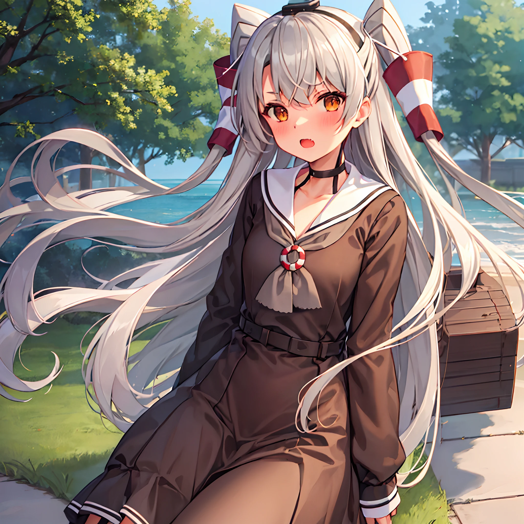 best quality, masterpiece, highres, solo, {amatsukaze_kantaicollection:1.15}, long_hair, two_side_up, hair_tubes, brown_eyes, grey_hair, blush, white_hair, 1girl, dress, looking_at_viewer, sailor_collar, sailor_dress, simple_background, upper_body, white_background, choker, brown_dress, open_mouth, fang