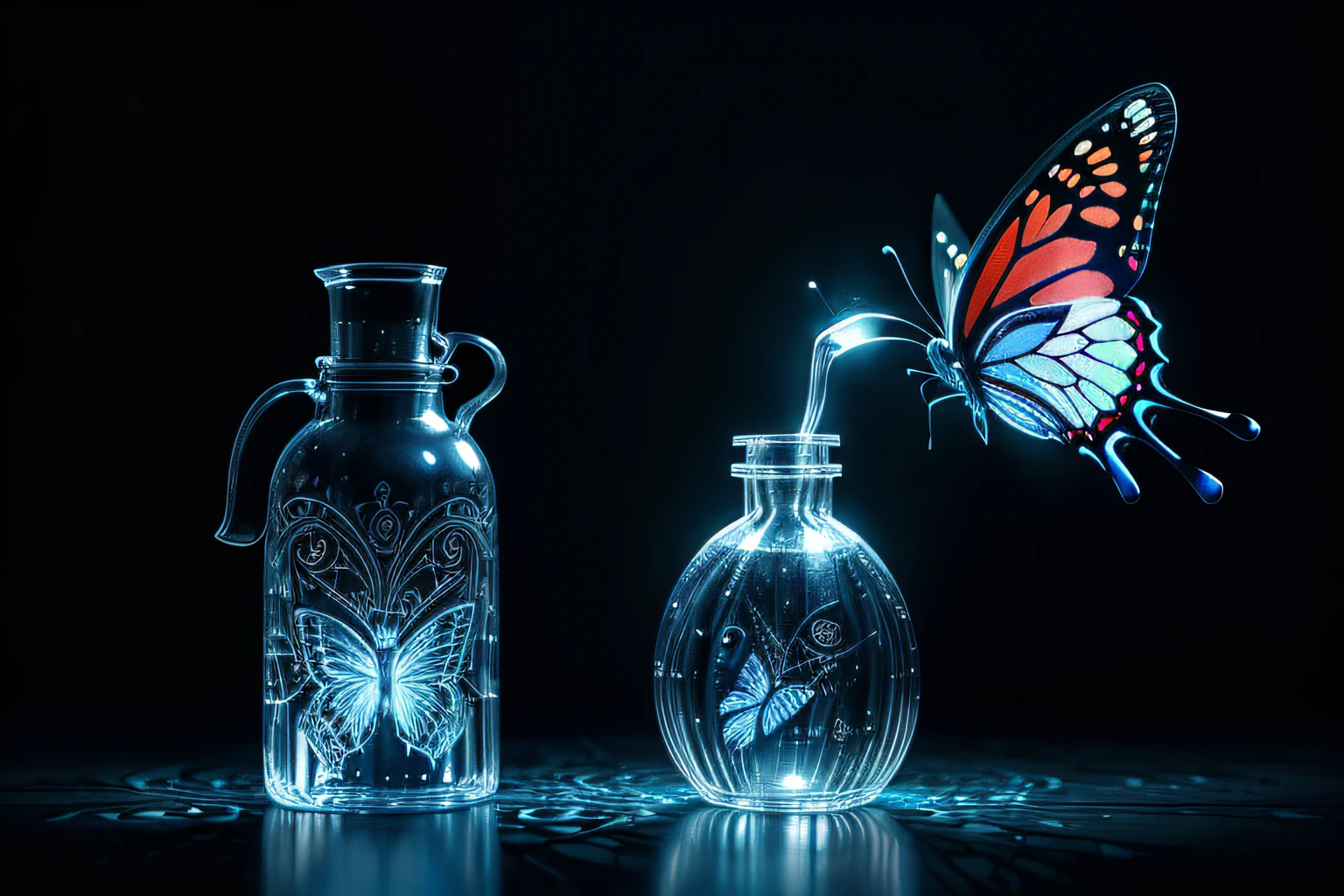 single dark fantasy butterfly glow, witch's laboratory background intricate detail, in the etched into delicately insane carved water bottle, beautiful negative space, rich bold contrasts, delicate catchlights, detailed and strong brushstrokes, intricate watercolor paintings, light and shadow, stunning masterpiece within, rich colors and precise strokes, depth intricate details, truly visually, magic visually stunning,