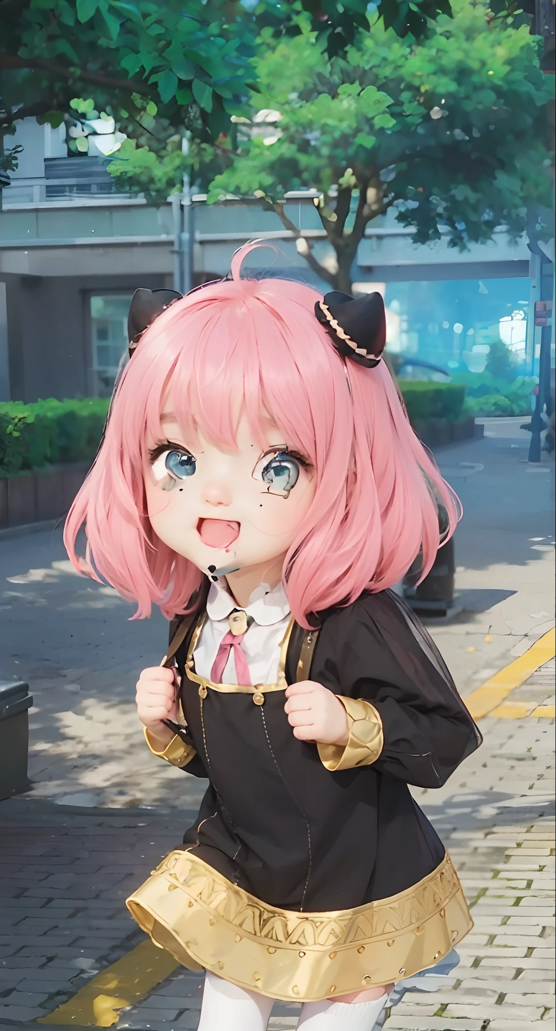 Real life adaption of this character, beautiful 's face ,realistic same pink hair with same accecories, (realistic same outfit,), realistic same background , realistic light, realistic shadow, realism, hyper realistic,(photorealistic:1.2),