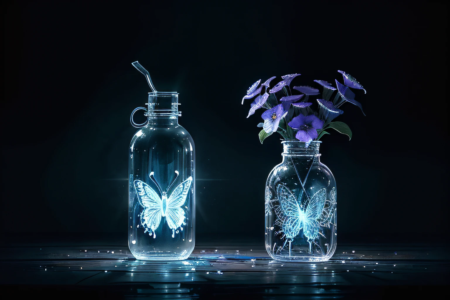 single dark fantasy butterfly glow, witch's laboratory background intricate detail, in the etched into delicately insane carved water bottle, beautiful negative space, rich bold contrasts, delicate catchlights, detailed and strong brushstrokes, intricate watercolor paintings, light and shadow, stunning masterpiece within, rich colors and precise strokes, depth intricate details, truly visually, magic visually stunning,