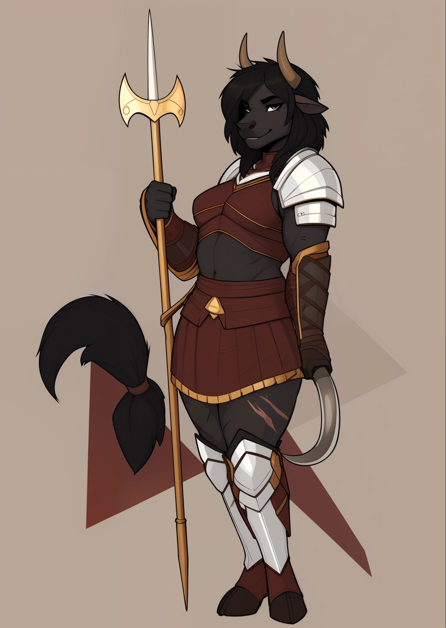 Tall_muscular_minotaur slighty_chubby female black_hair dark_brown_furry_body gray_eyes scars solo Masterpiece best_quality absurdres highly_detailed cleanly_drawn_eyes anthro_only by_claweddrip, by_greasymojo, by_underscore-b, by_runawaystride heavy_plate_armor halberd