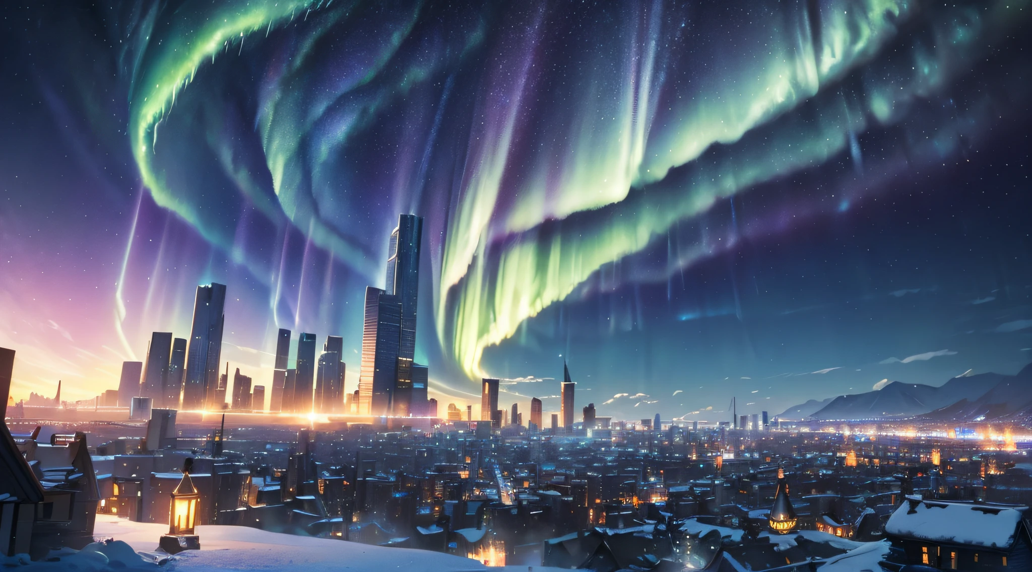 masterpiece、Background with((Fantastic starry sky、meteors、Aurora、Icy City))、Depth((Planets that glow blue))、Looking up