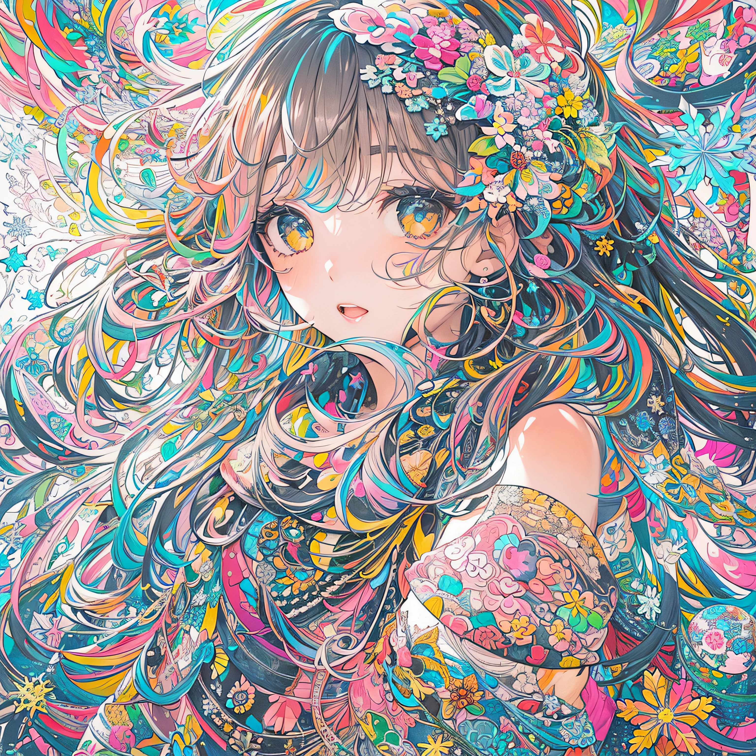 (flat-colors:1.3)、(colourfull:1.8)、(masuter piece:1.2)、top-quality、masterpiece、Original、highly detailed wallpaper、looking at viewert、1 beautiful girl with a pattern、独奏、Colorful snowflakes float、(Fractal Art:1.4 )、