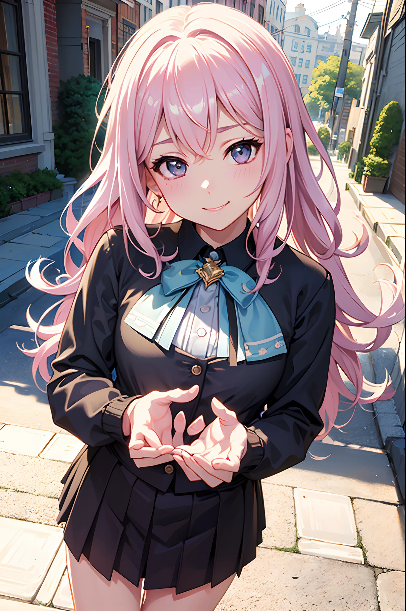 (Best quality,4K,8K,A high resolution,Masterpiece:1.2),Ultra-detailed,Realistic,Photorealistic:1.37,Anime style,jewelry eyes, blush, smirk, seductive smile, portrait of girl, adorable girl, adorable face, granblue fantasy,shining eyes, ( Beautiful and Detailed Facial Depiction), school uniform, in the street, pastel,,Attractive and visually appealing,Enchanting atmosphere,Pop Culture Reference SFW, (Masterpiece:1,2), Best quality, Masterpiece, A high resolution, Original, extremelydetailedwallpaper, Perfect lighting,(Extremely detailed CG:1.2),