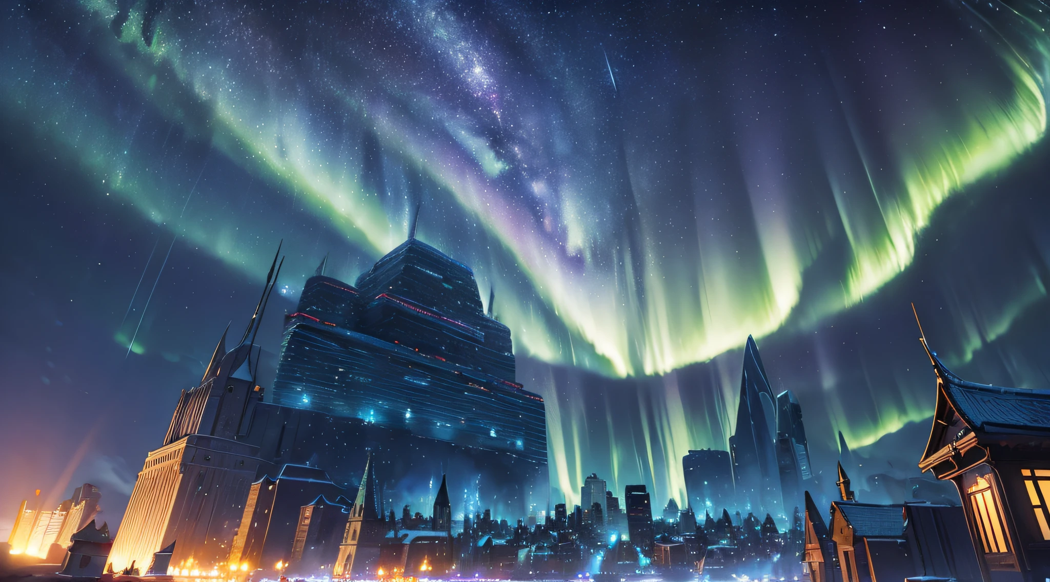 ​masterpiece、Background with((Fantastic starry sky、meteors、Aurora、Icy City))、Depth((Planets that glow blue))、Looking up