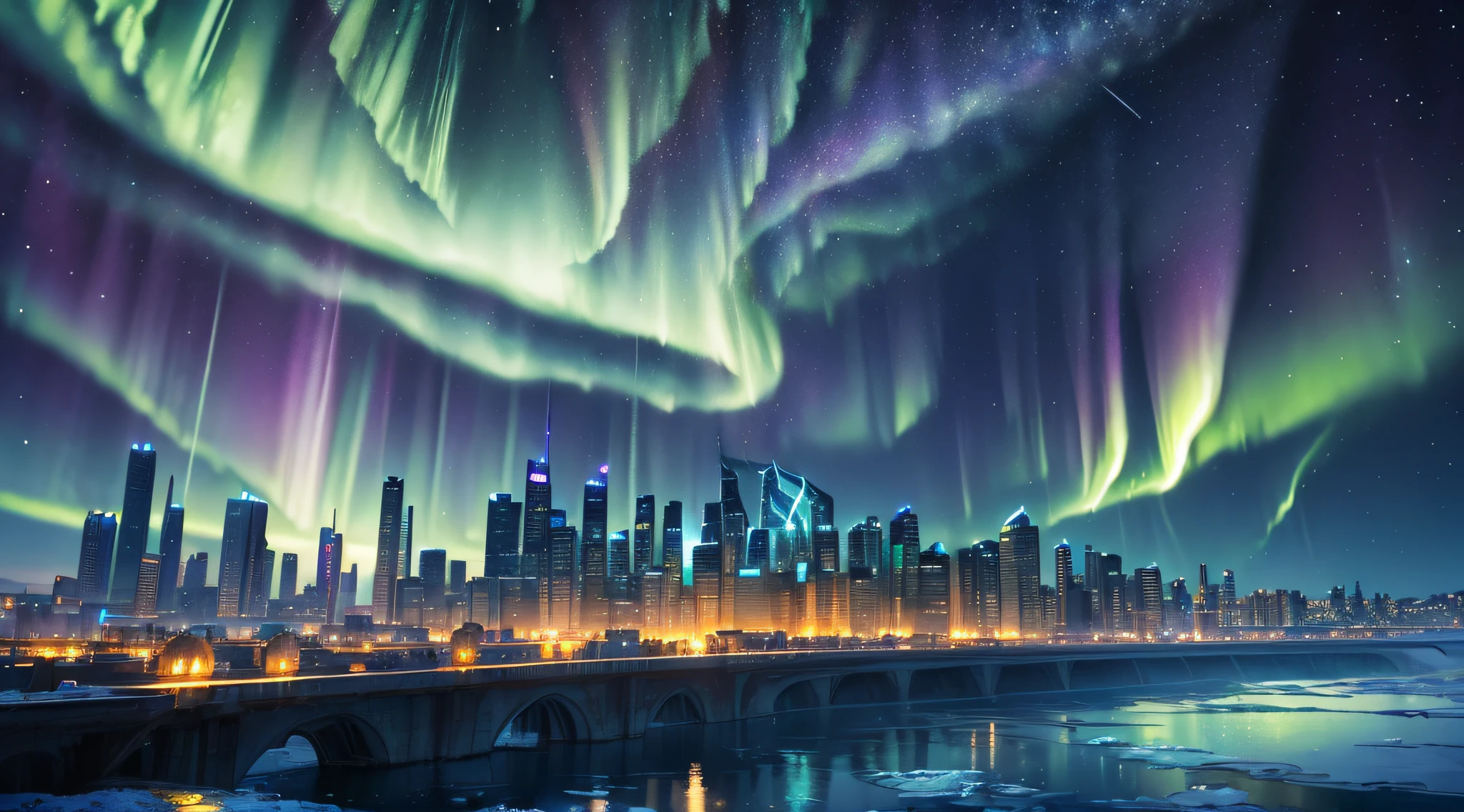 masterpiece、Background with((Fantastic starry sky、meteors、Aurora、Icy City))、Depth((Planets that glow blue))、Looking up