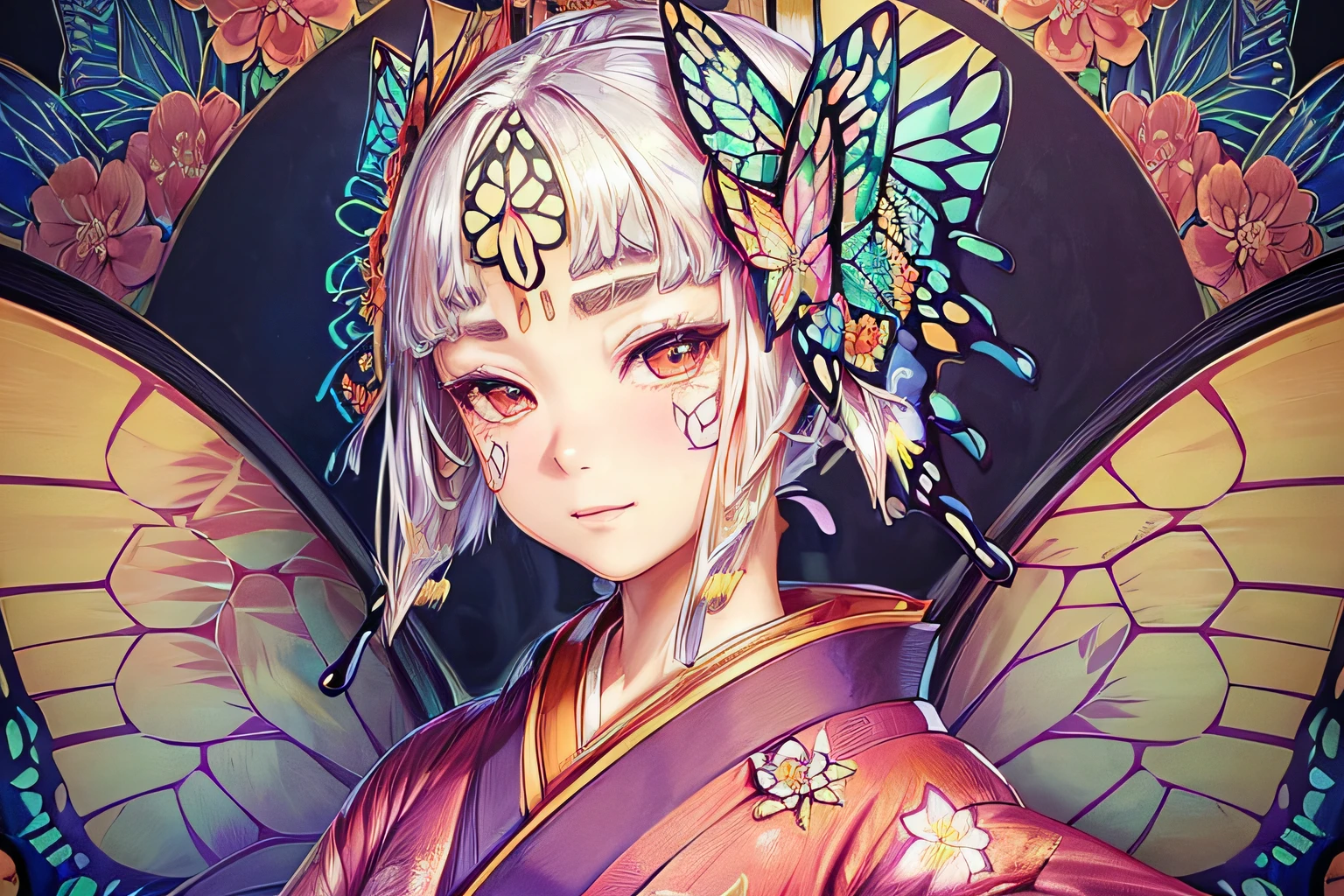 (((flower design of kimono:1.3))), (((one-butterfly-accessories of intricate detail:1.3))), (((intricate detail:1.3))), (((intricate insane details:1.3))), ((slim face:1.1)), cute smile, extremely details, masterpiece, detail airbrush and gel, beautiful render, beautiful eyes and hair, ((smooth and flowless skin:1.1)), tonal contrast, (captivatingly surreal rich colors illustration:1.1),