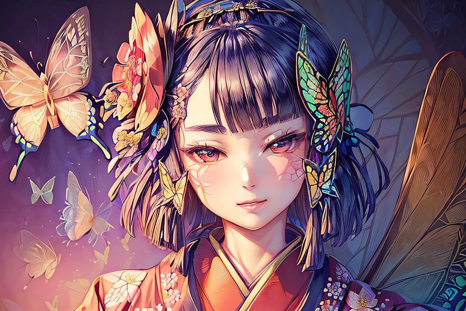 (((flower design of kimono:1.3))), (((one-butterfly-accessories of intricate detail:1.3))), (((intricate detail:1.3))), (((intricate insane details:1.3))), ((slim face:1.1)), cute smile, extremely details, masterpiece, detail airbrush and gel, beautiful render, beautiful eyes and hair, ((smooth and flowless skin:1.1)), tonal contrast, (captivatingly surreal rich colors illustration:1.1), beautiful five fingers,