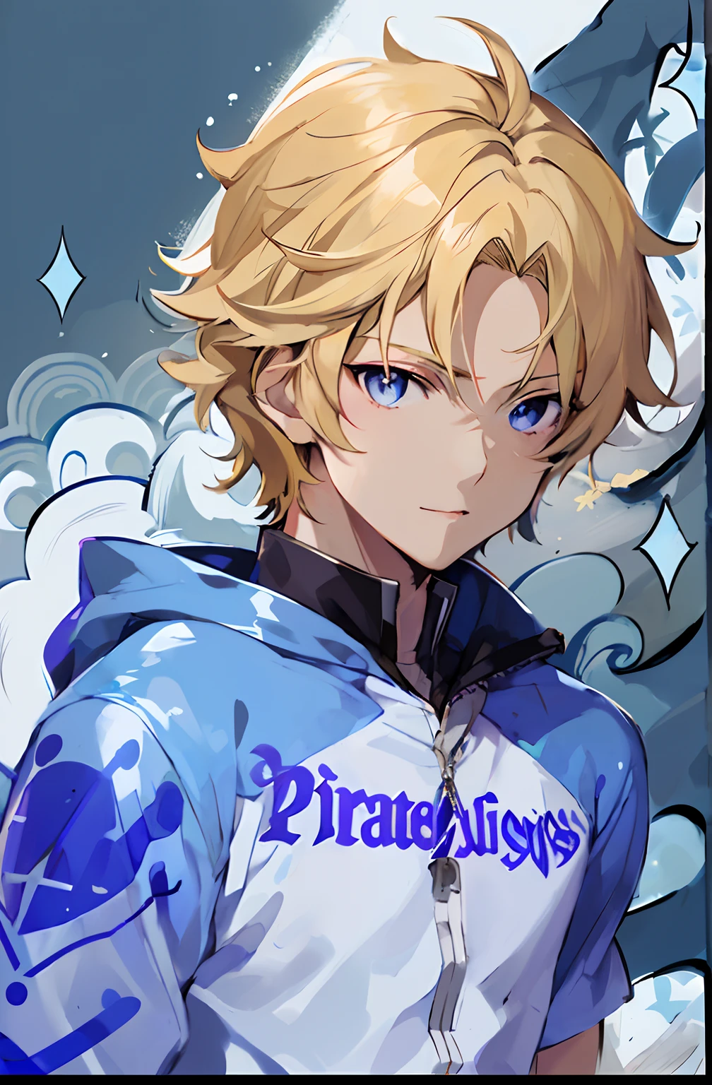 Fanart Anime boy, light skin tone, parted blonde hair, boy from behind looks backwards, handsome boy, trident on back
