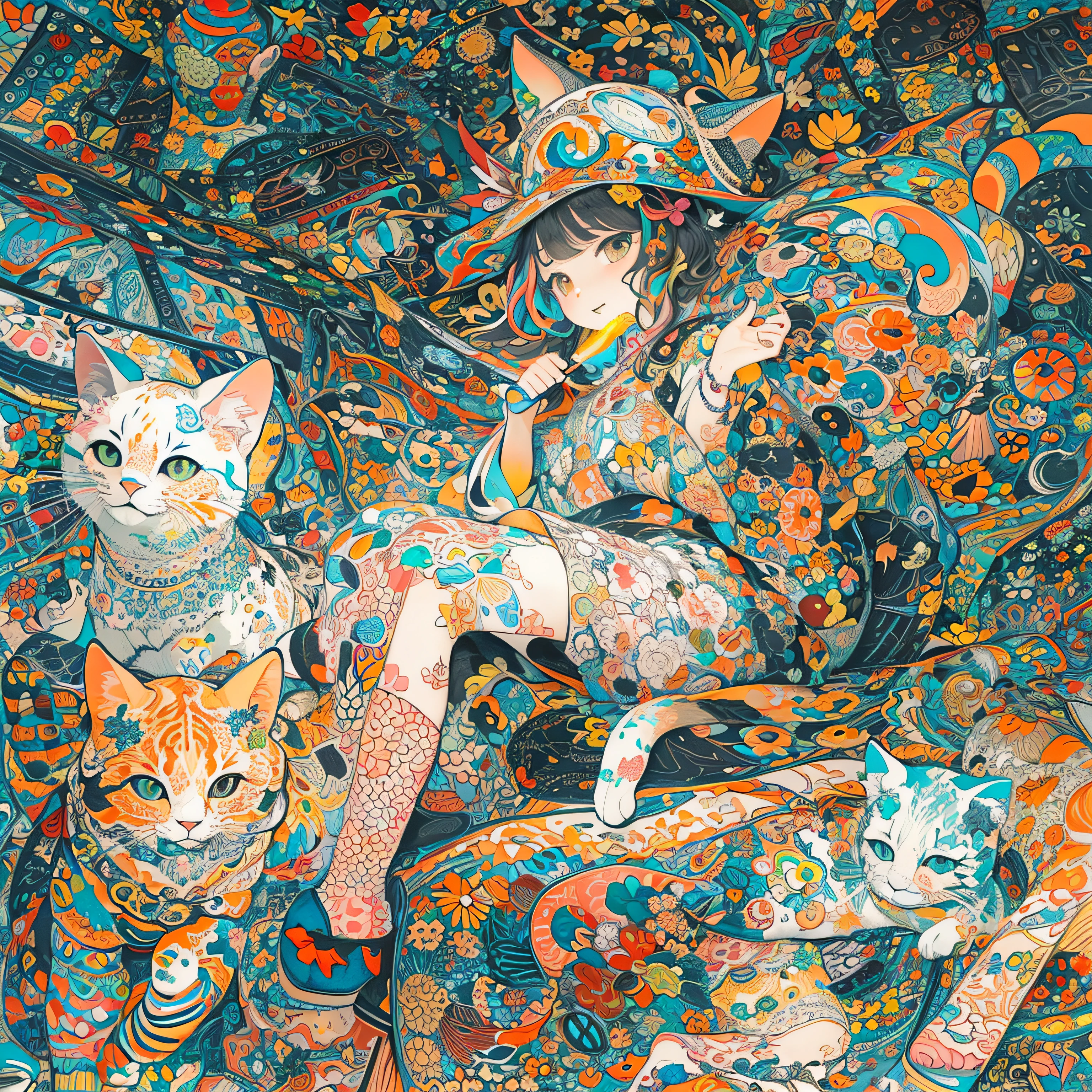 (flat-colors:1.3)、(colourfull:1.8)、(masuter piece:1.2)、top-quality、masterpiece、Original、highly detailed wallpaper、looking at viewert、1 beautiful girl with a pattern、独奏、Multicolored cats float、(Fractal Art:1.4 )、