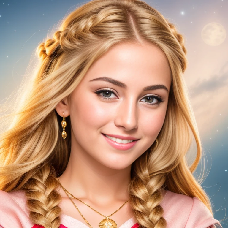 (best quality, RAW photography, extremely detailed, 4k,8k,high res,masterpiece:1.2),ultra-detailed, photorealistic, full body shot,golden bronde hair in braids Mature and beautiful, realistic portrayal:1.2 Sailor Moon smiling posing for a photoshoot, dressed up in jeans. The backdrop is full of moons