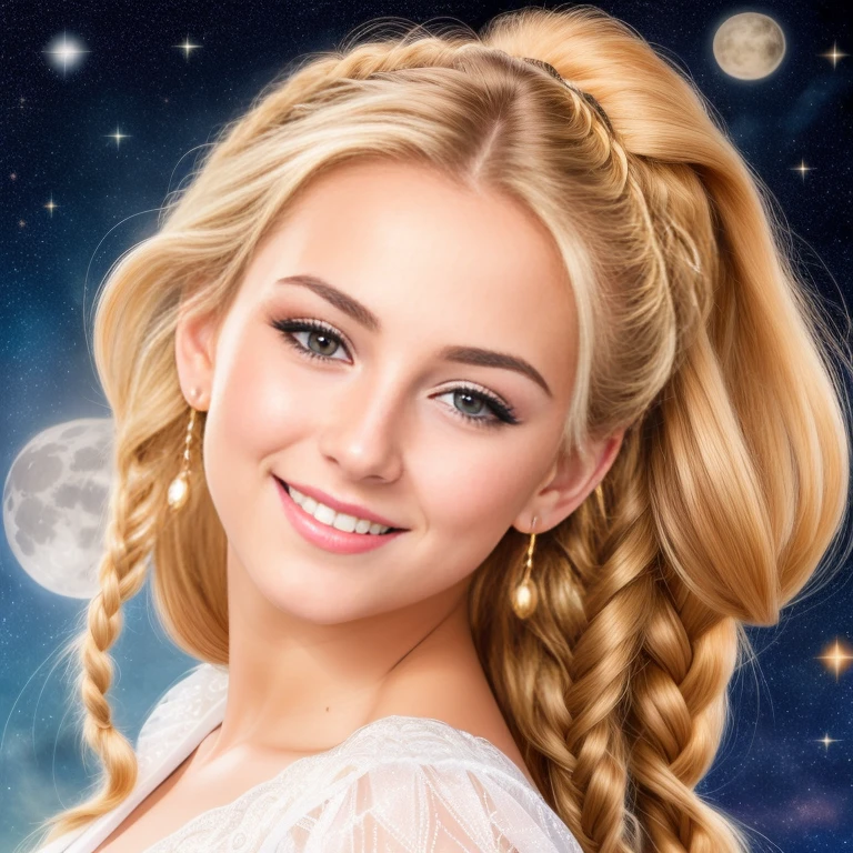 (best quality, RAW photography, extremely detailed, 4k,8k,high res,masterpiece:1.2),ultra-detailed, photorealistic, full body shot,golden bronde hair in braids Mature and beautiful, realistic portrayal:1.2 Sailor Moon smiling posing for a photoshoot, dressed up in jeans. The backdrop is full of moons