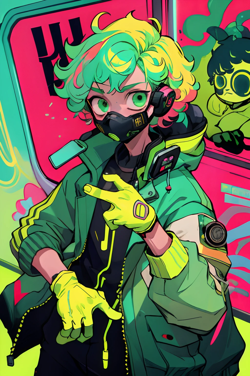 Kpop boy Inside a train, green gloves, face mask, looking at her phone, cool colorful jacket, listening to her headphone, lime green messy curly hair, neon glowing style, cool background, young