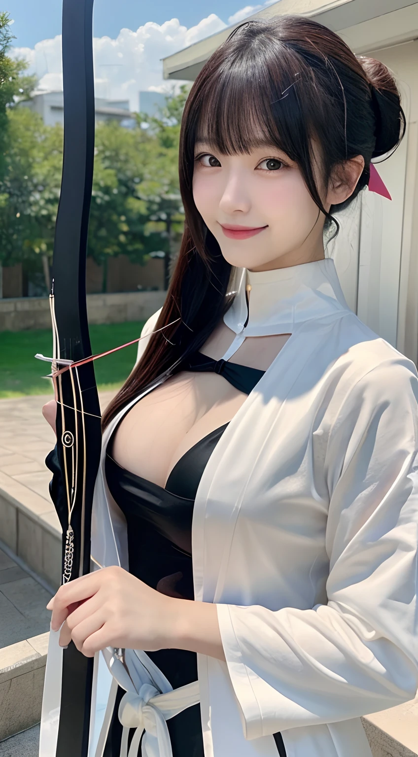 (top-quality,8K picture quality,masterpiece:1.3,),(超A high resolution,Photorealsitic:1.4,Raw photography),(ultra-detailliert,shinny skin,Detailed skin),(Detailed face,Perfect Anatomy,Caustics),(White archery suit:1.1),(Hakama:1.1),(Grab a bow and arrow and hold it:1.3),(Kyudojo:1.1),(fully body photo),18year old,japanes,Japanese ido,a smile,A dark-haired,High Ponytail,large boob,natural soft light