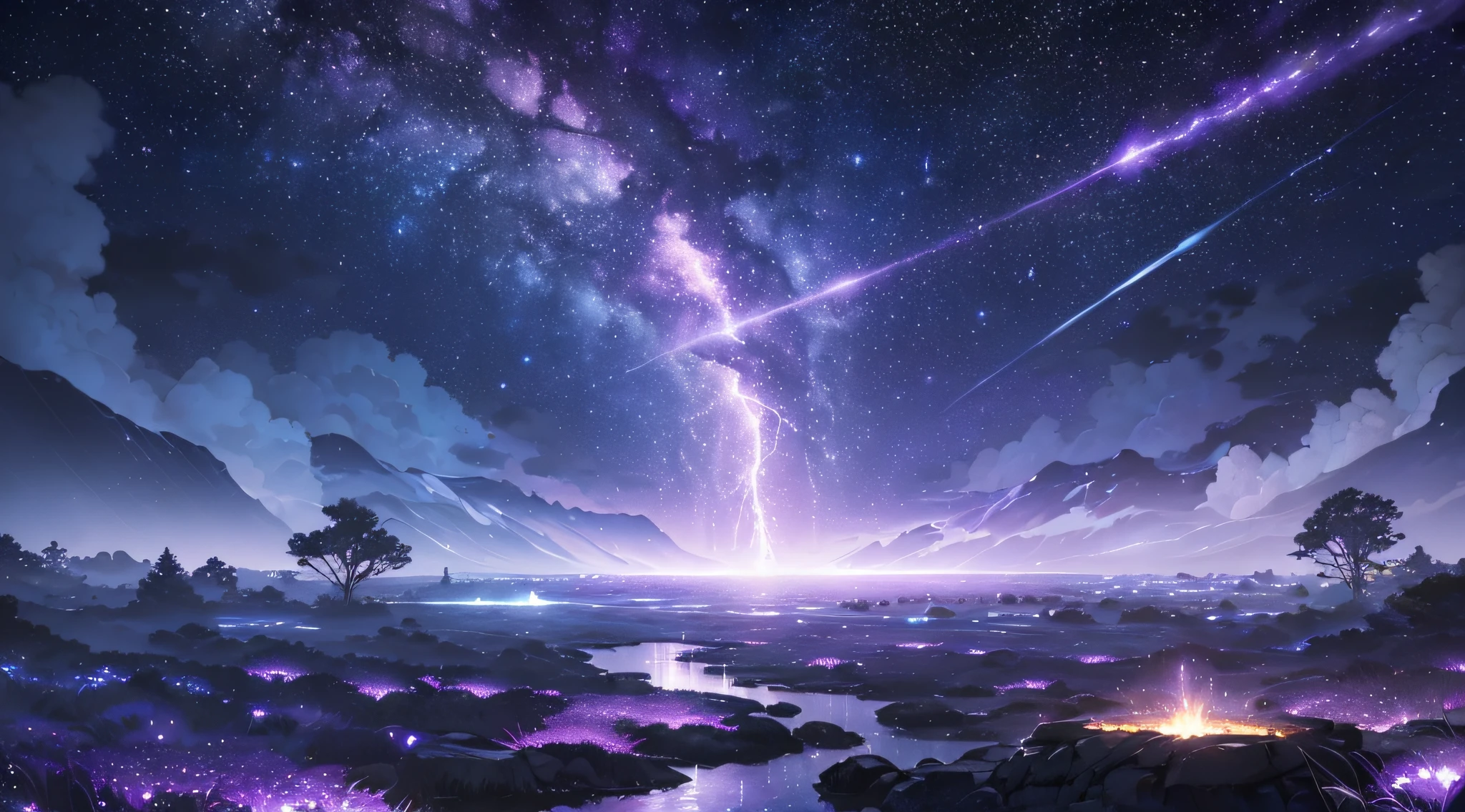 masterpiece、Background with((Fantastic starry sky、meteors、purple lightning、plural、very heavy rain))、Depth((Planets that glow blue))、Looking up