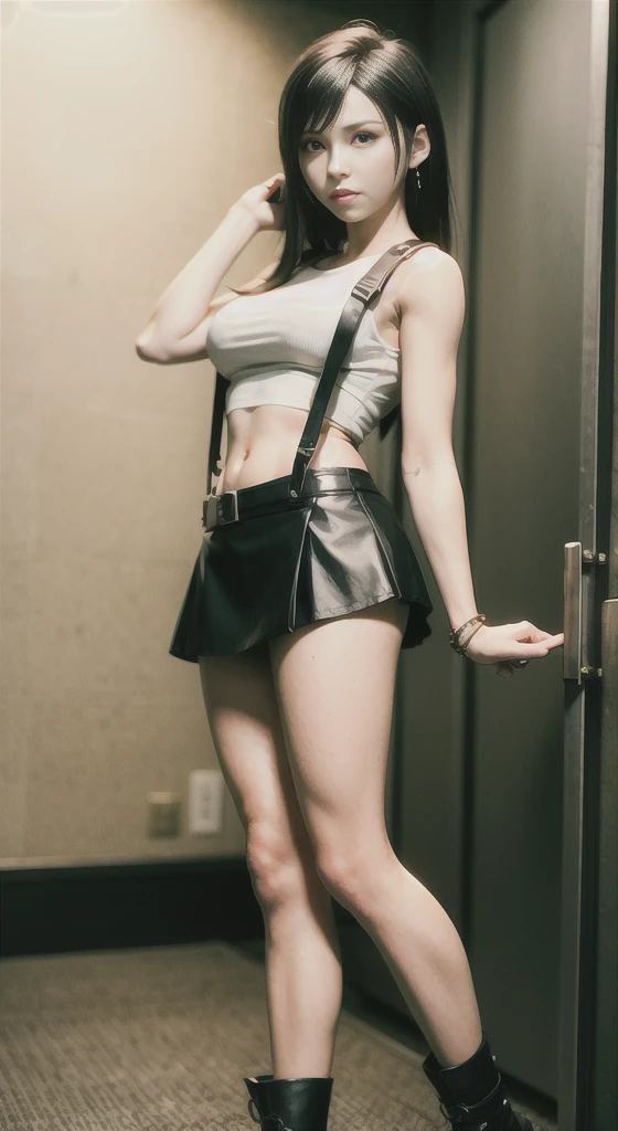 Tifa Lockhart, usando regata branca, Wearing black mini skirt with suspenders, usando bota preta