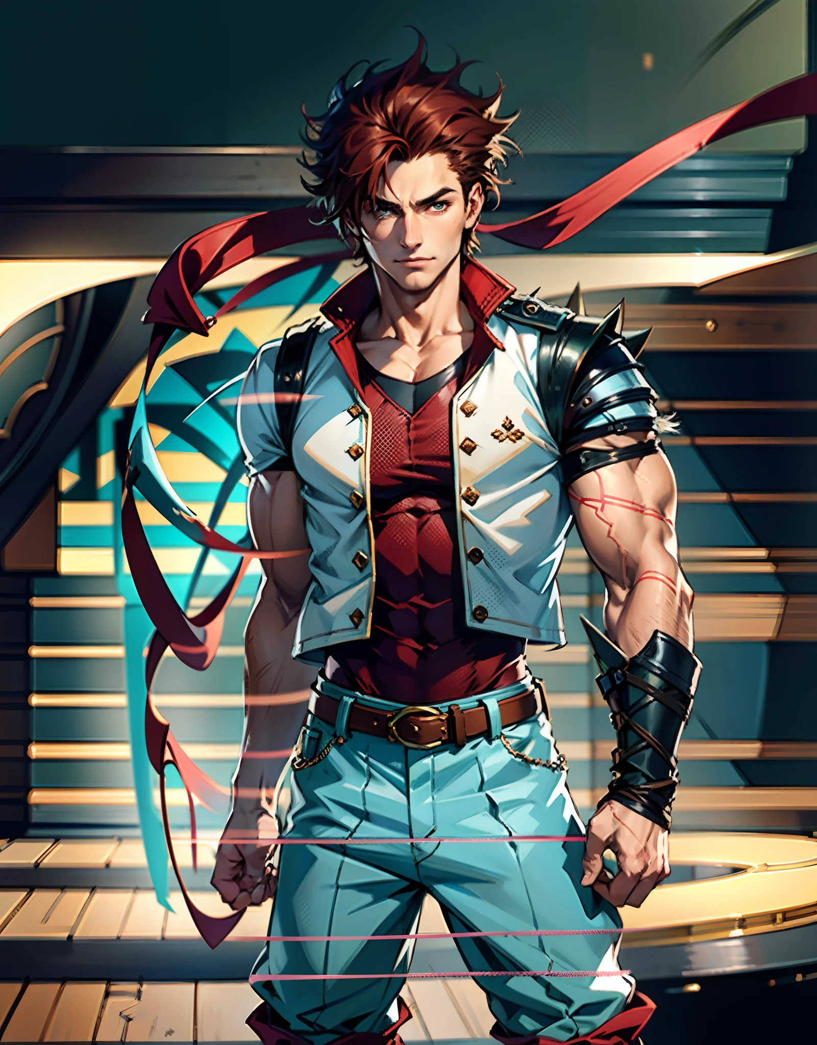 A teenage boy, short brown hair, spiked in the middle with a tuft of red hair, sharp gaze, a playful smile, a fantasy-style two-piece outfit, a dark-colored tight-fitting undershirt, a light-colored vest with wave patterns, a multifunctional belt, utility trousers, the surroundings depict swiftly flowing air, a high-speed blurred background, conveying a sense of speed, this character embodies a finely crafted fantasy-realistic style adventurer in anime style, characterized by an exquisite and mature manga illustration art style, high definition, best quality, highres, ultra-detailed, ultra-fine painting, extremely delicate, professional, anatomically correct, symmetrical face, extremely detailed eyes and face, high quality eyes, creativity, RAW photo, UHD, 8k, Natural light, cinematic lighting, masterpiece-anatomy-perfect, masterpiece:1.5