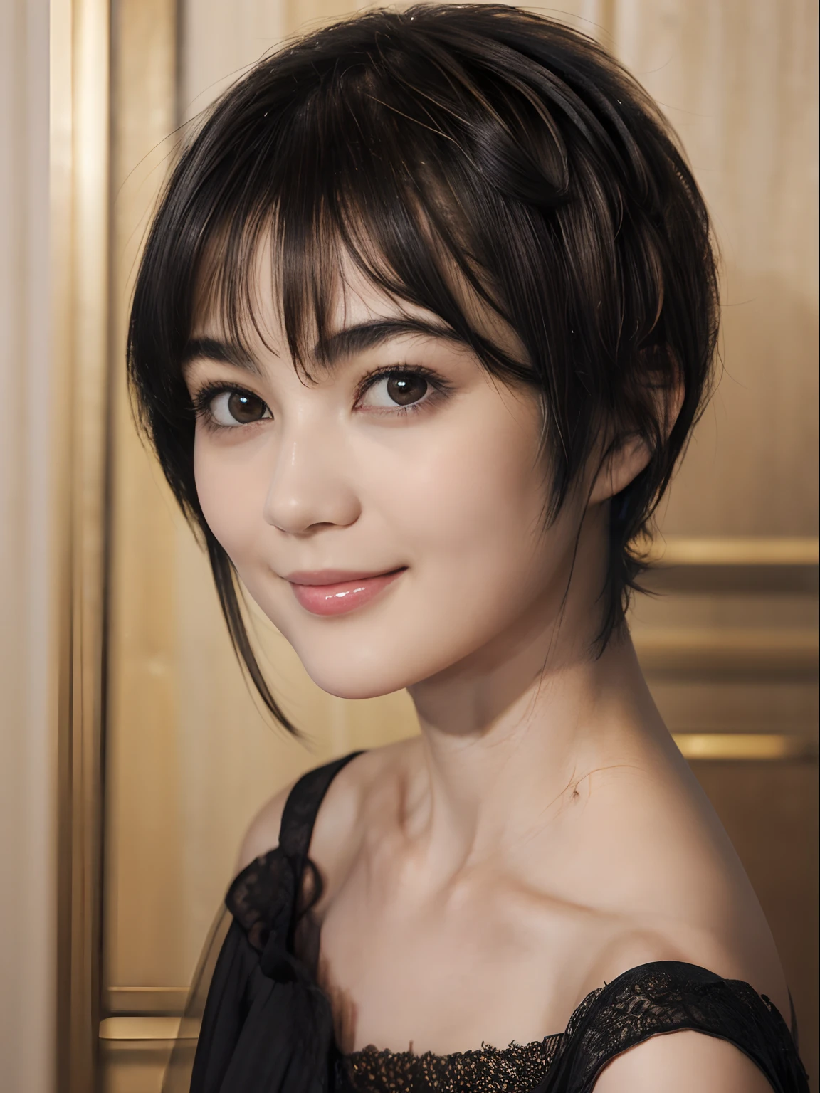 96
(a 20 yo woman,is standing), (A hyper-realistic), (high-level image quality), ((short-hair:1.46)), (Smooth black hair), (Gentle smile), (Keep your mouth shut)