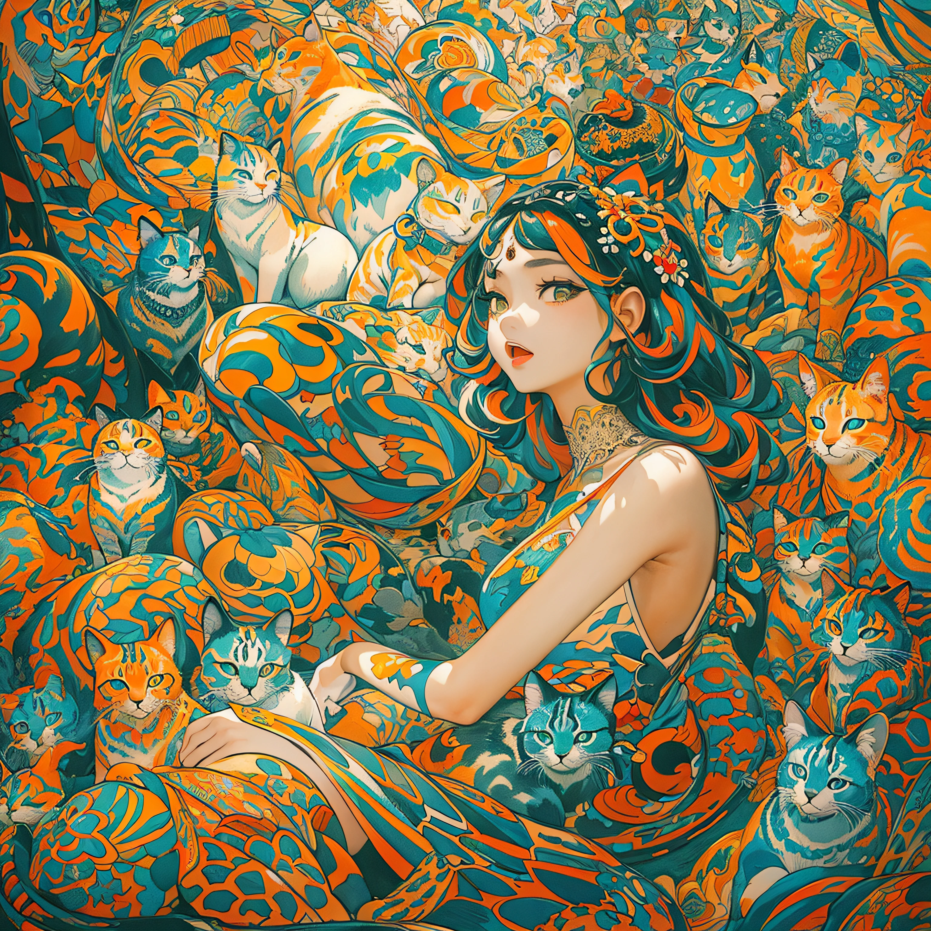 (flat-colors:1.3)、(colourfull:1.8)、(masuter piece:1.2)、top-quality、​masterpiece、Original、highly detailed wallpaper、looking at viewert、1 beautiful girl with a pattern、独奏、Multicolored cats float、(Fractal Art:1.2 ）、