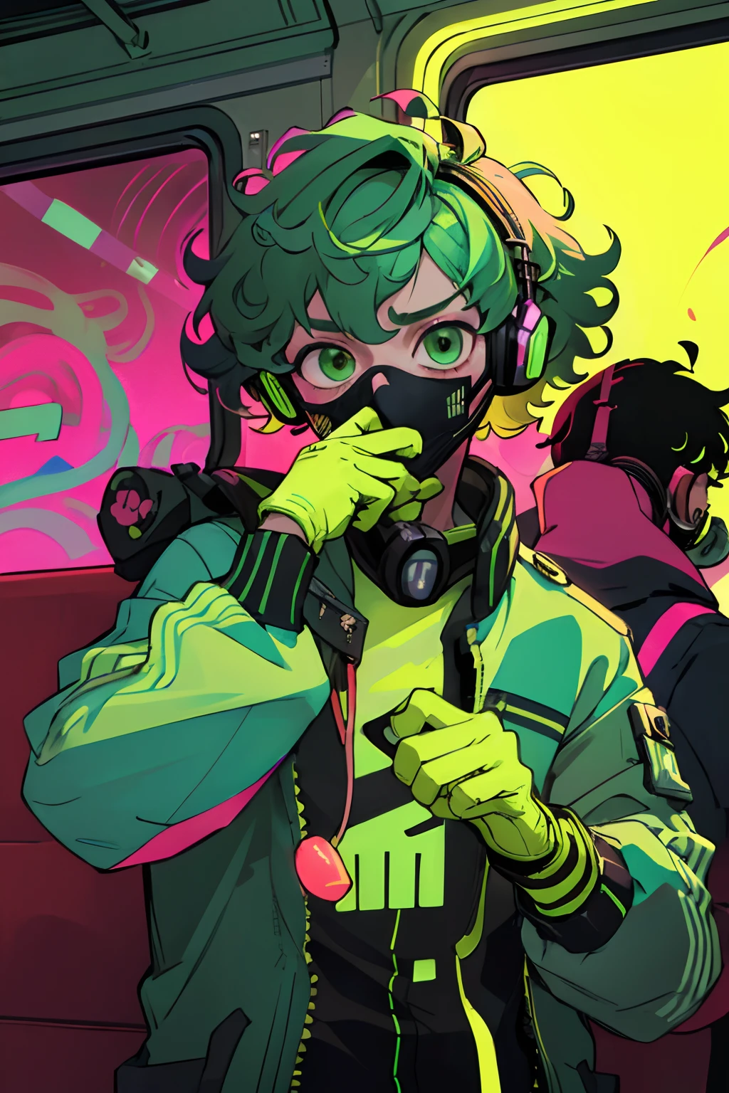 Kpop boy Inside a train, green gloves, face mask, looking at her phone, cool colorful jacket, listening to her headphone, lime green messy curly hair, neon glowing style, cool background, young