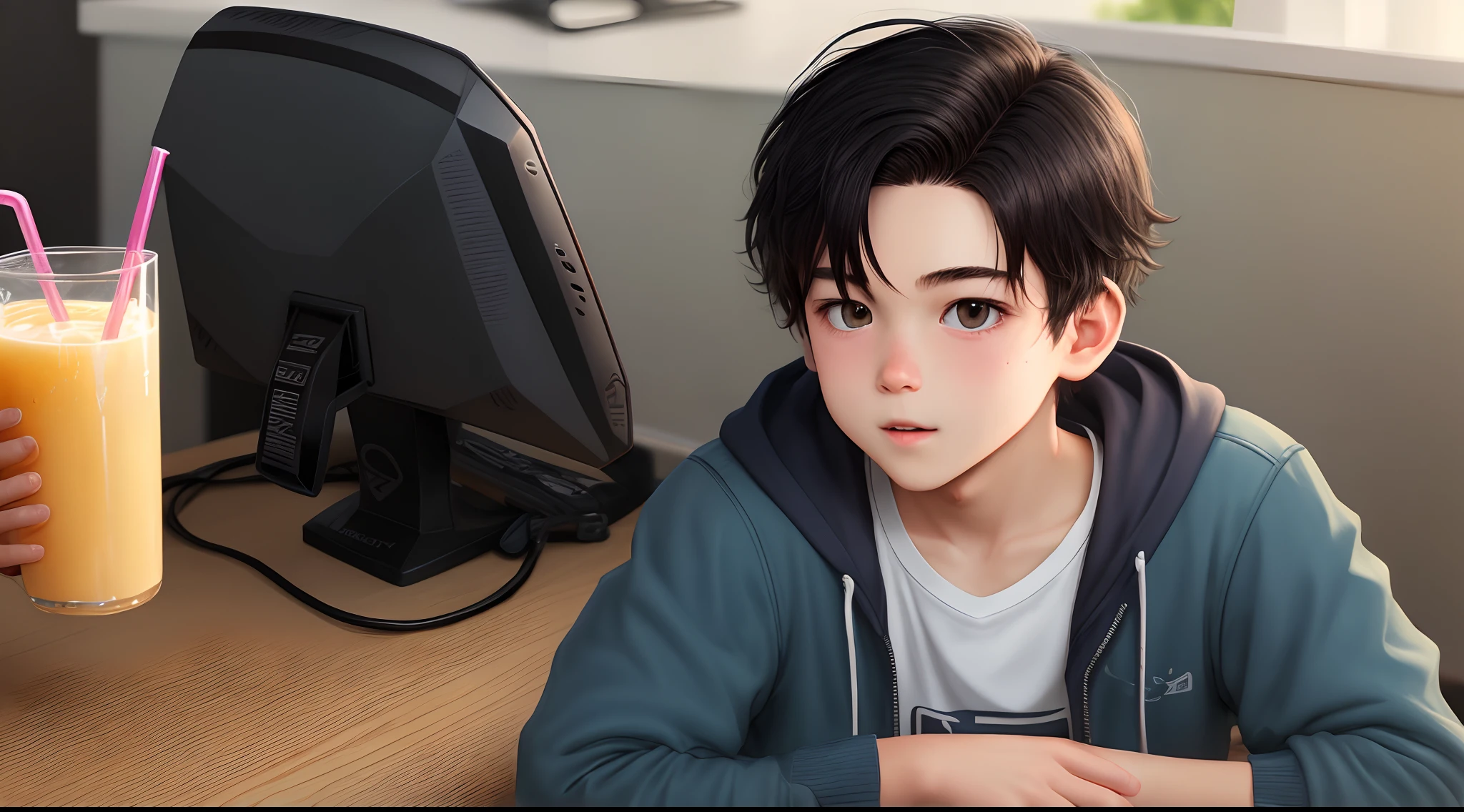 Gamer boy drinking juice box dark hair