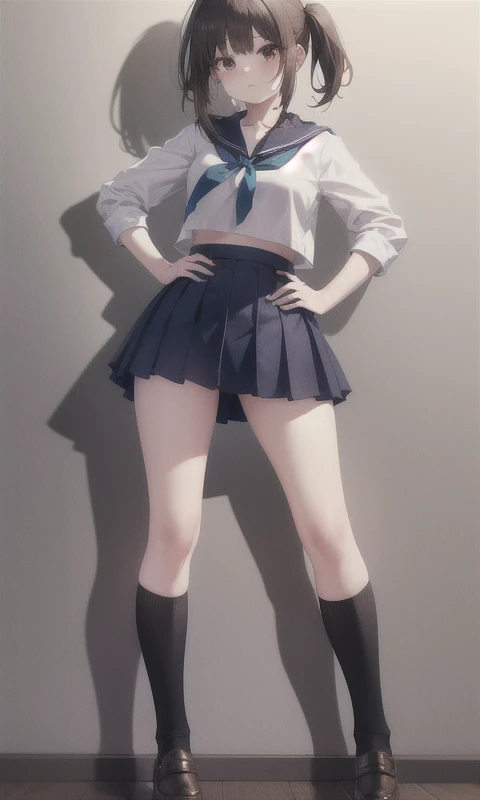 masterpiece, top-quality, hight resolution, KR1, Brown-eyed, poneyTail, a sailor suit, a miniskirt, pleatedskirt, Black knee socks , full body focus, put hands on the hip, Provocative